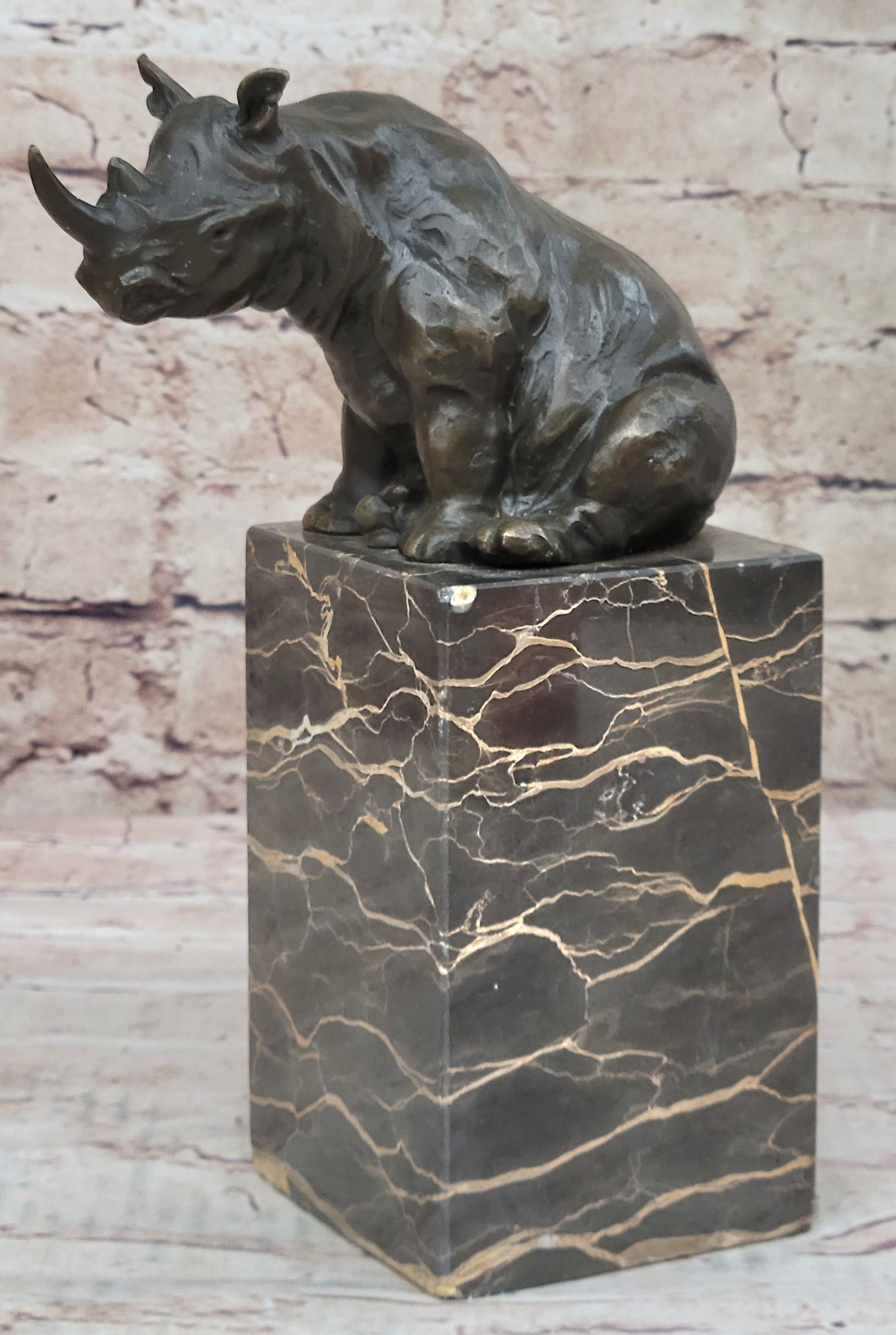 Signed Milo African Rhinoceros Rhino Bronze Figurine Sculpture Statue on Marble Base