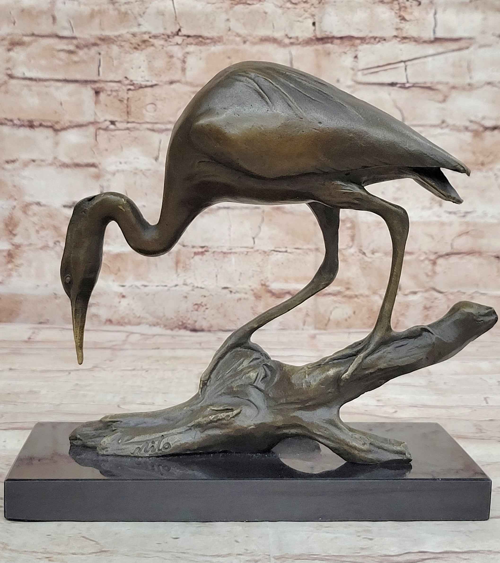 Crane Stork Egret Heron Water Bird Bronze Statue Sculpture Original Art on Marble Base