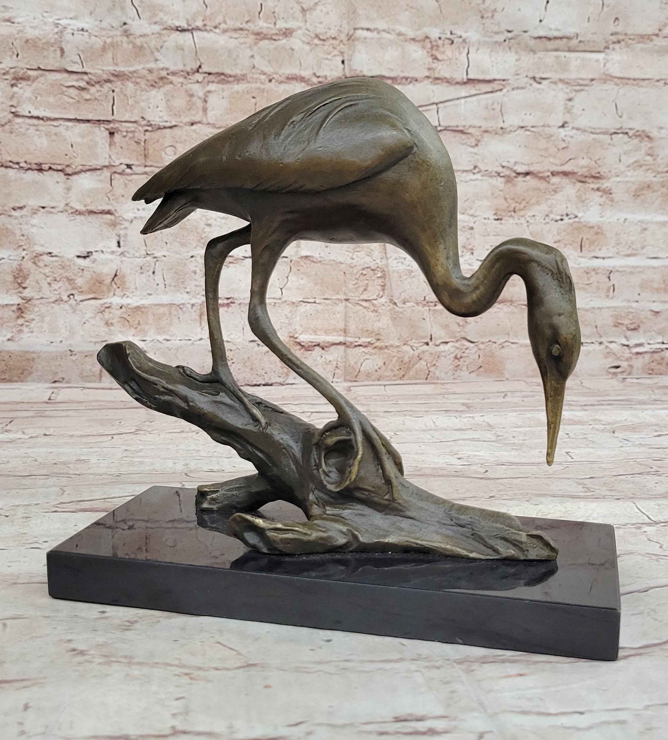 Crane Stork Egret Heron Water Bird Bronze Statue Sculpture Original Art on Marble Base