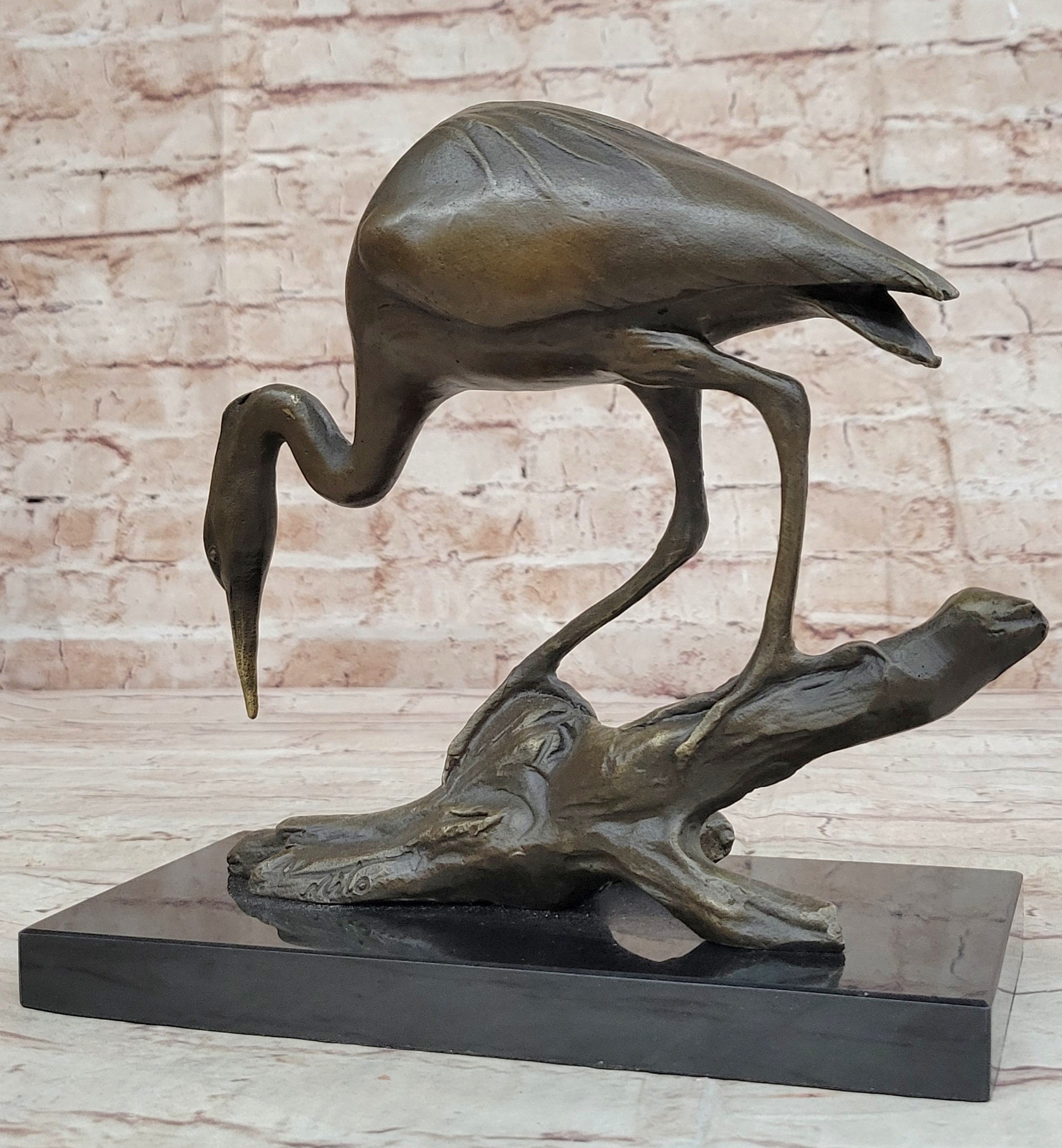 Crane Stork Egret Heron Water Bird Bronze Statue Sculpture Original Art on Marble Base