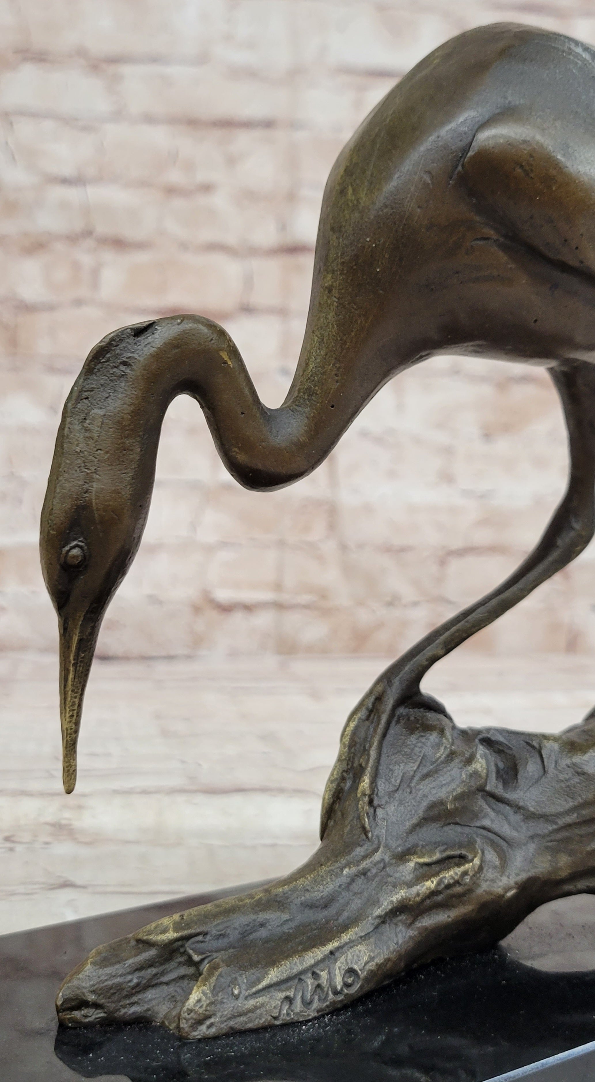 Crane Stork Egret Heron Water Bird Bronze Statue Sculpture Original Art on Marble Base