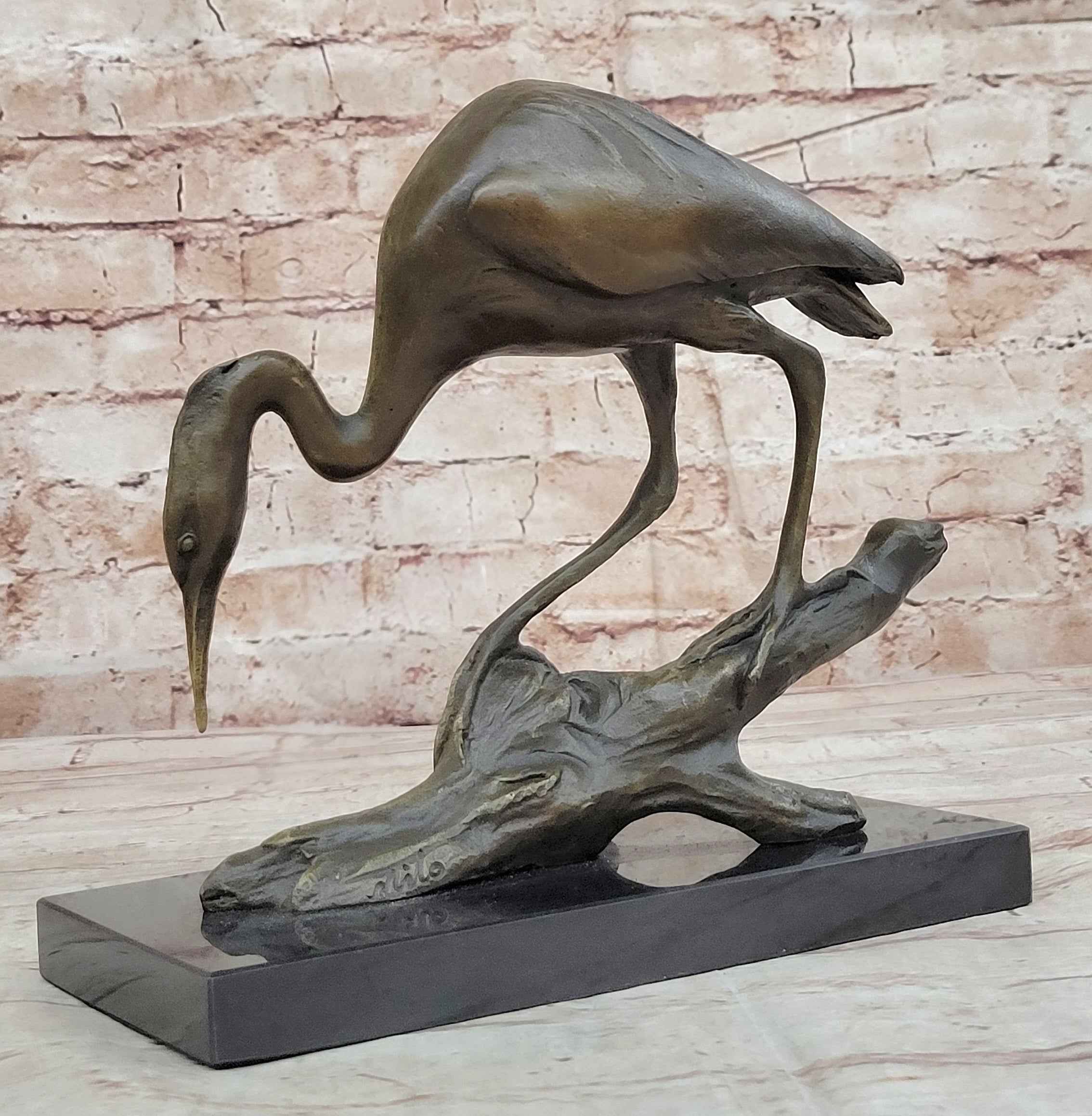 Crane Stork Egret Heron Water Bird Bronze Statue Sculpture Original Art on Marble Base