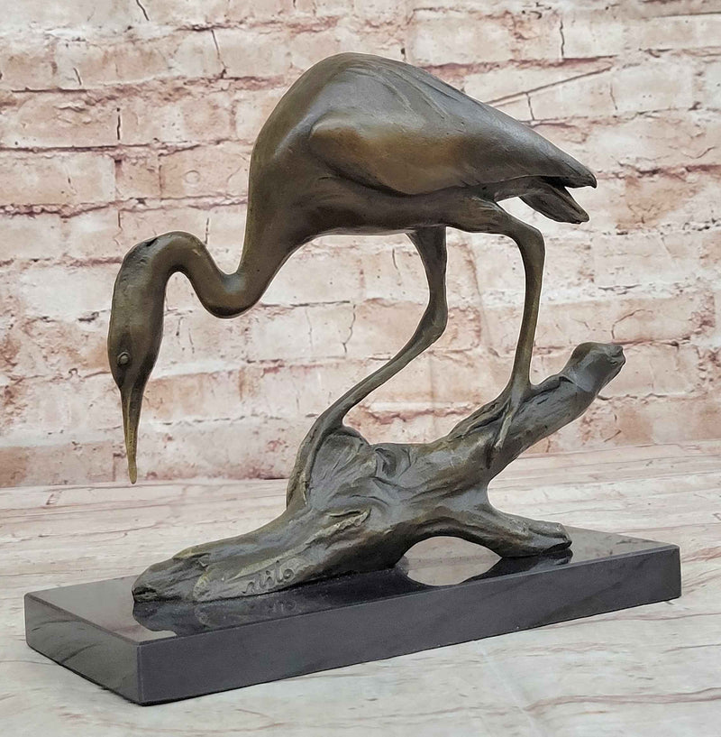 Crane Stork Egret Heron Water Bird Bronze Statue Sculpture Original Art on Marble Base