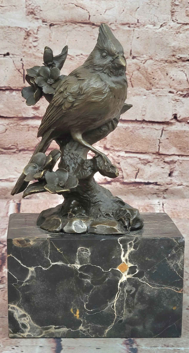 Bronze Cardinal Bird Sculpture on Branch with Flowers on Black Marble Base
