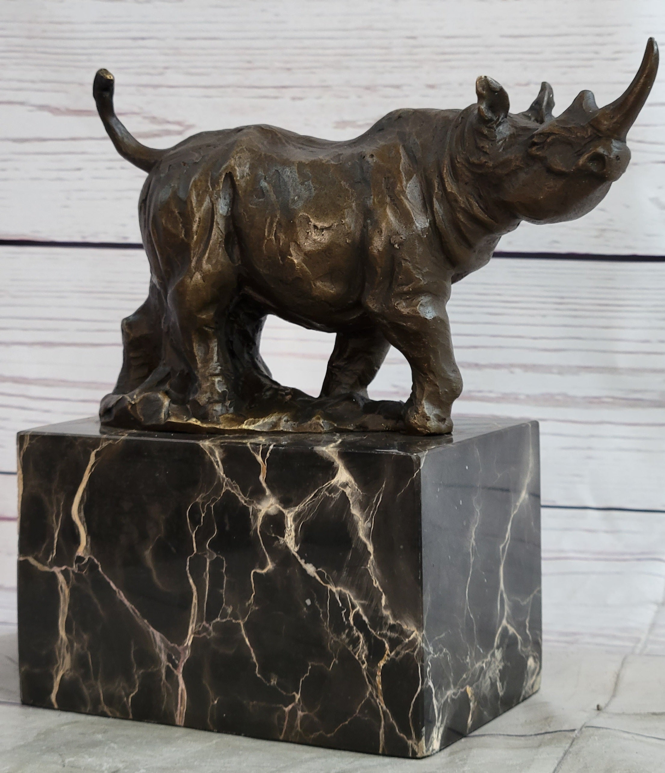 Rhinoceros Rhino Bronze Metal Sculpture Statue Bookend Figure Marble Base