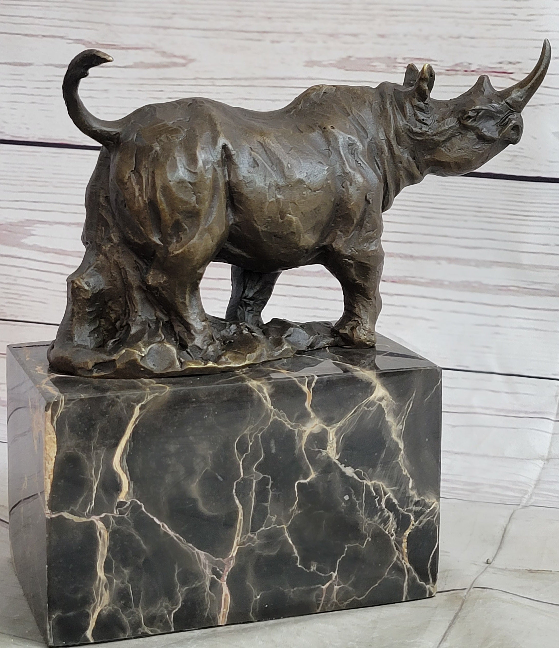 Rhinoceros Rhino Bronze Metal Sculpture Statue Bookend Figure Marble Base