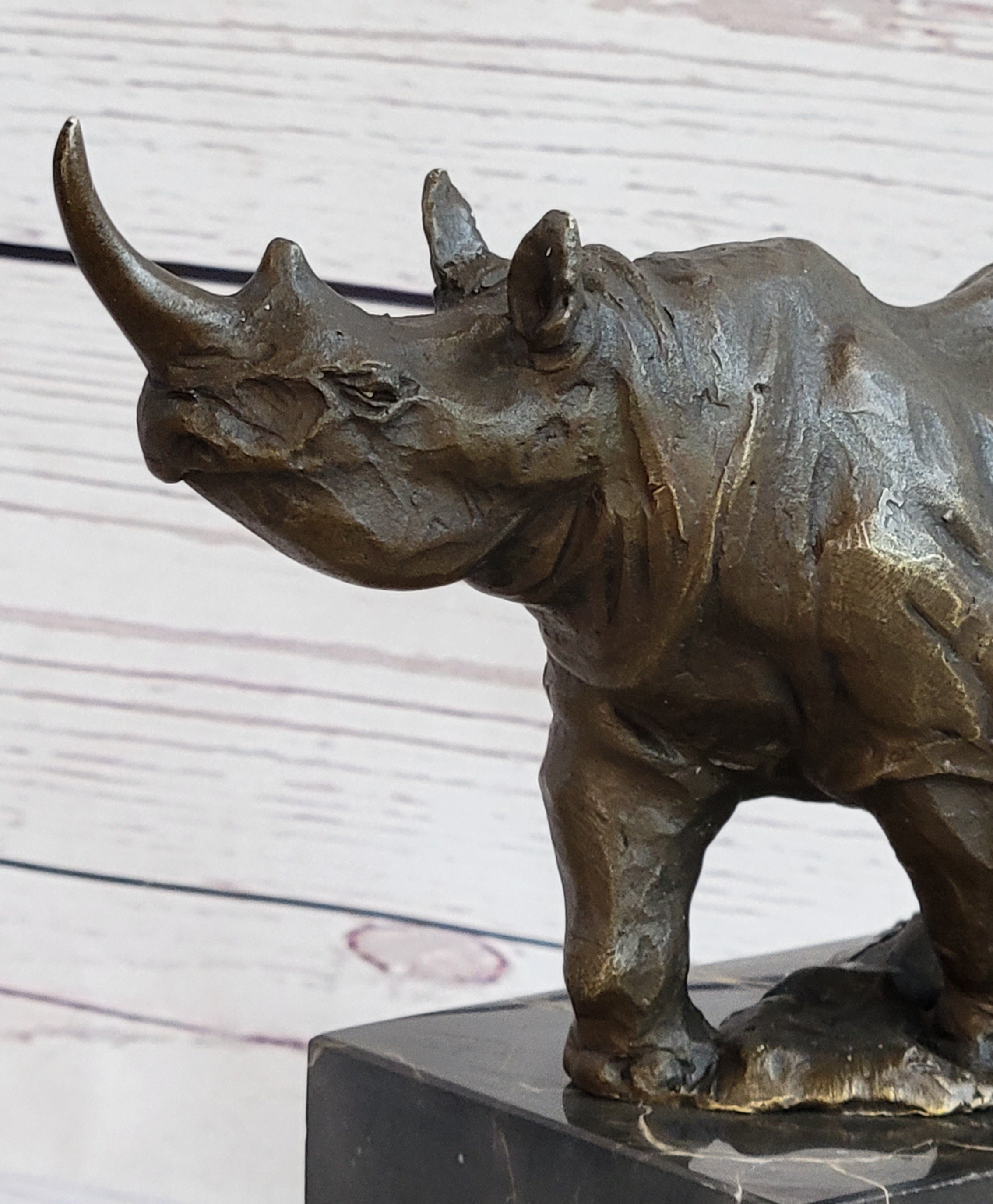 Rhinoceros Rhino Bronze Metal Sculpture Statue Bookend Figure Marble Base