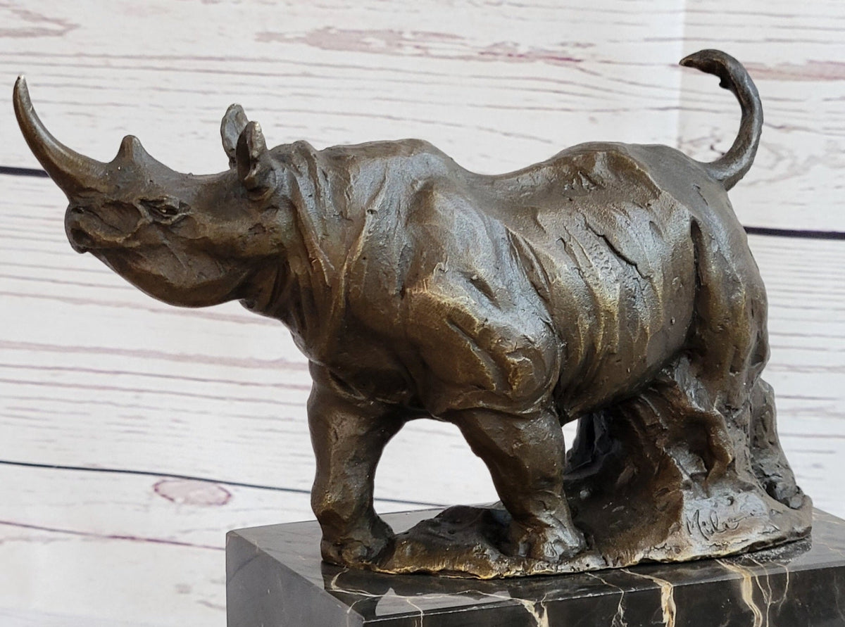 Rhinoceros Rhino Bronze Metal Sculpture Statue Bookend Figure Marble Base