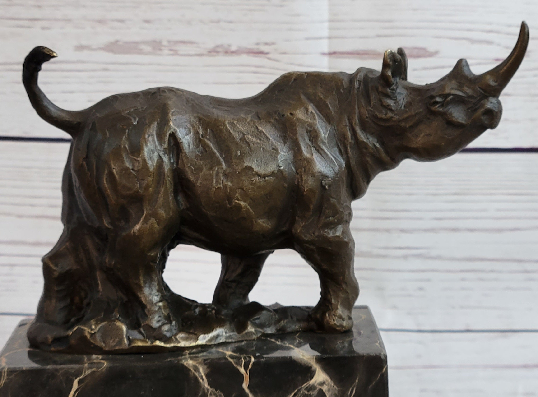 Rhinoceros Rhino Bronze Metal Sculpture Statue Bookend Figure Marble Base