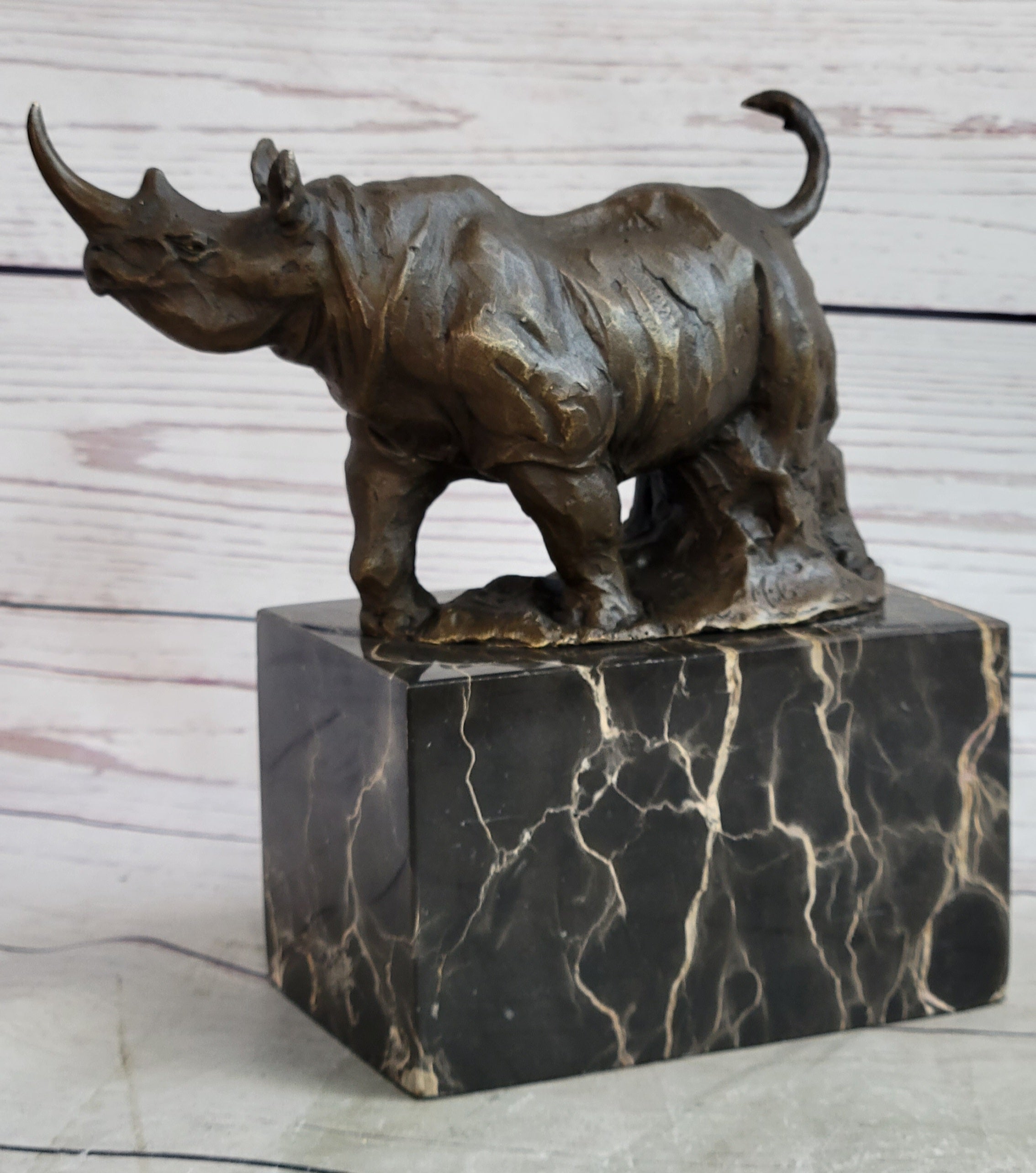 Rhinoceros Rhino Bronze Metal Sculpture Statue Bookend Figure Marble Base