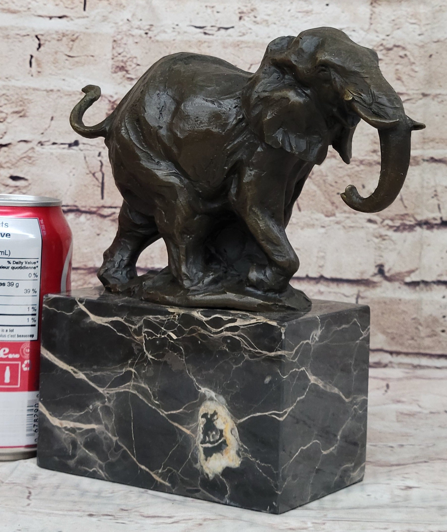 Miniature Elephant Bronze Metal Figurine Sculpture on Marble Base Signed Original