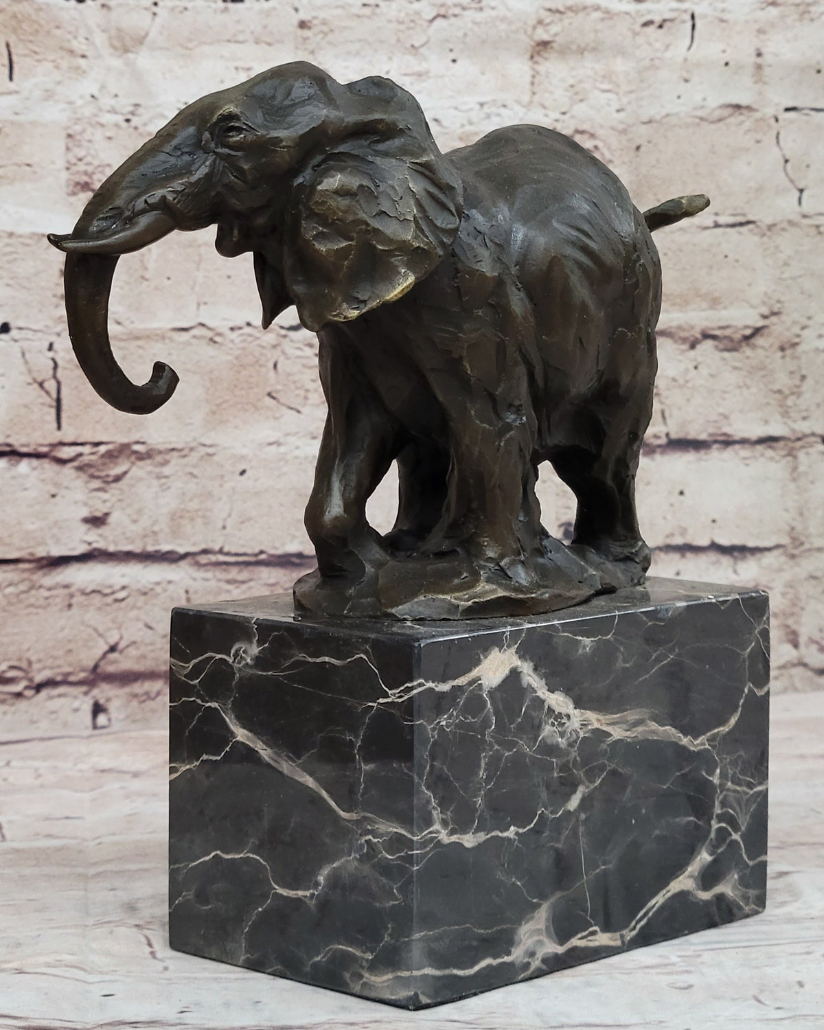 Miniature Elephant Bronze Metal Figurine Sculpture on Marble Base Signed Original