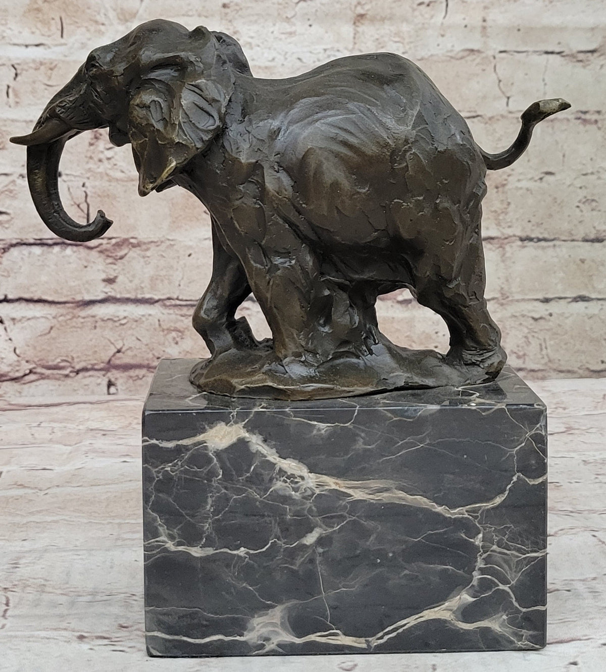 Miniature Elephant Bronze Metal Figurine Sculpture on Marble Base Signed Original