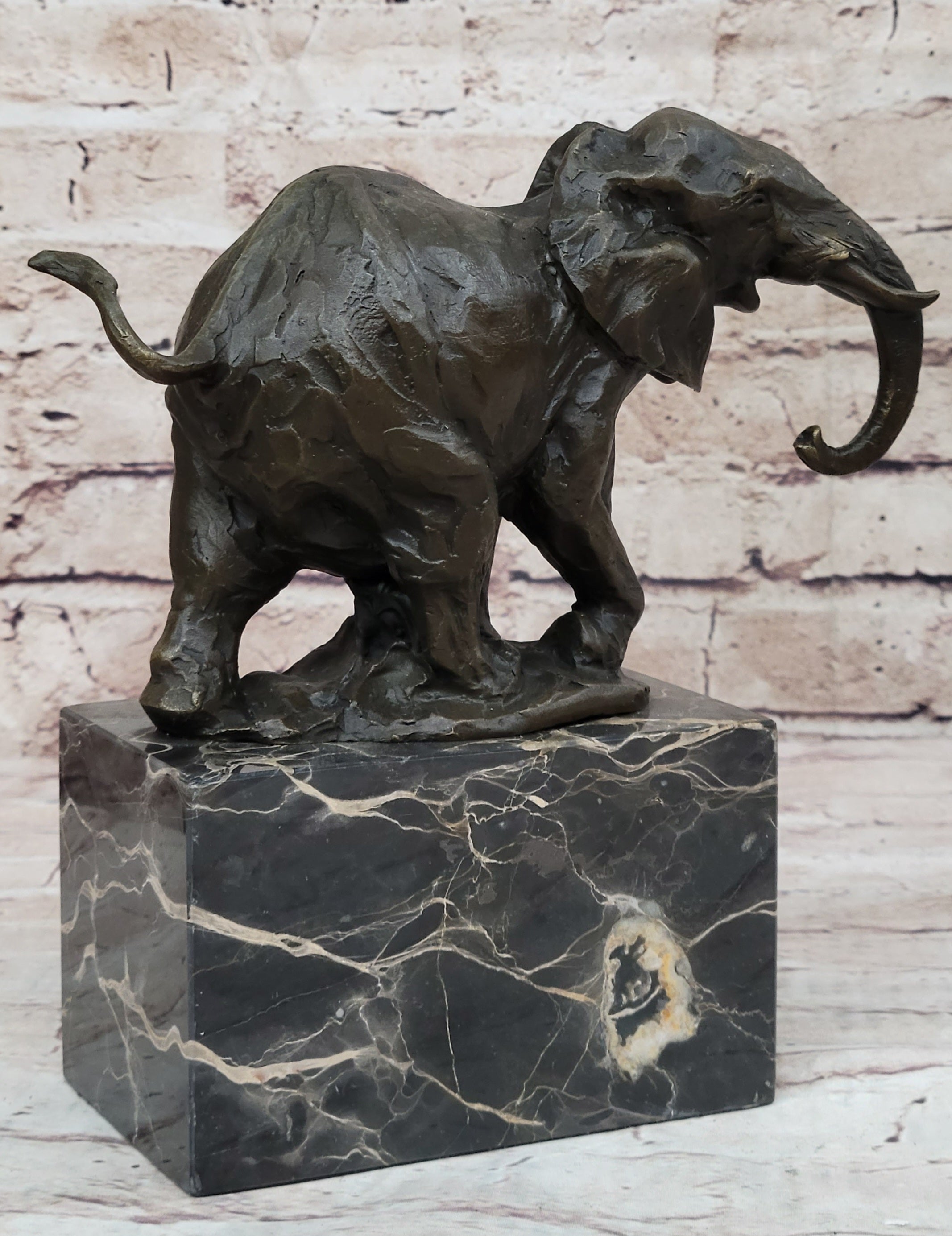 Miniature Elephant Bronze Metal Figurine Sculpture on Marble Base Signed Original