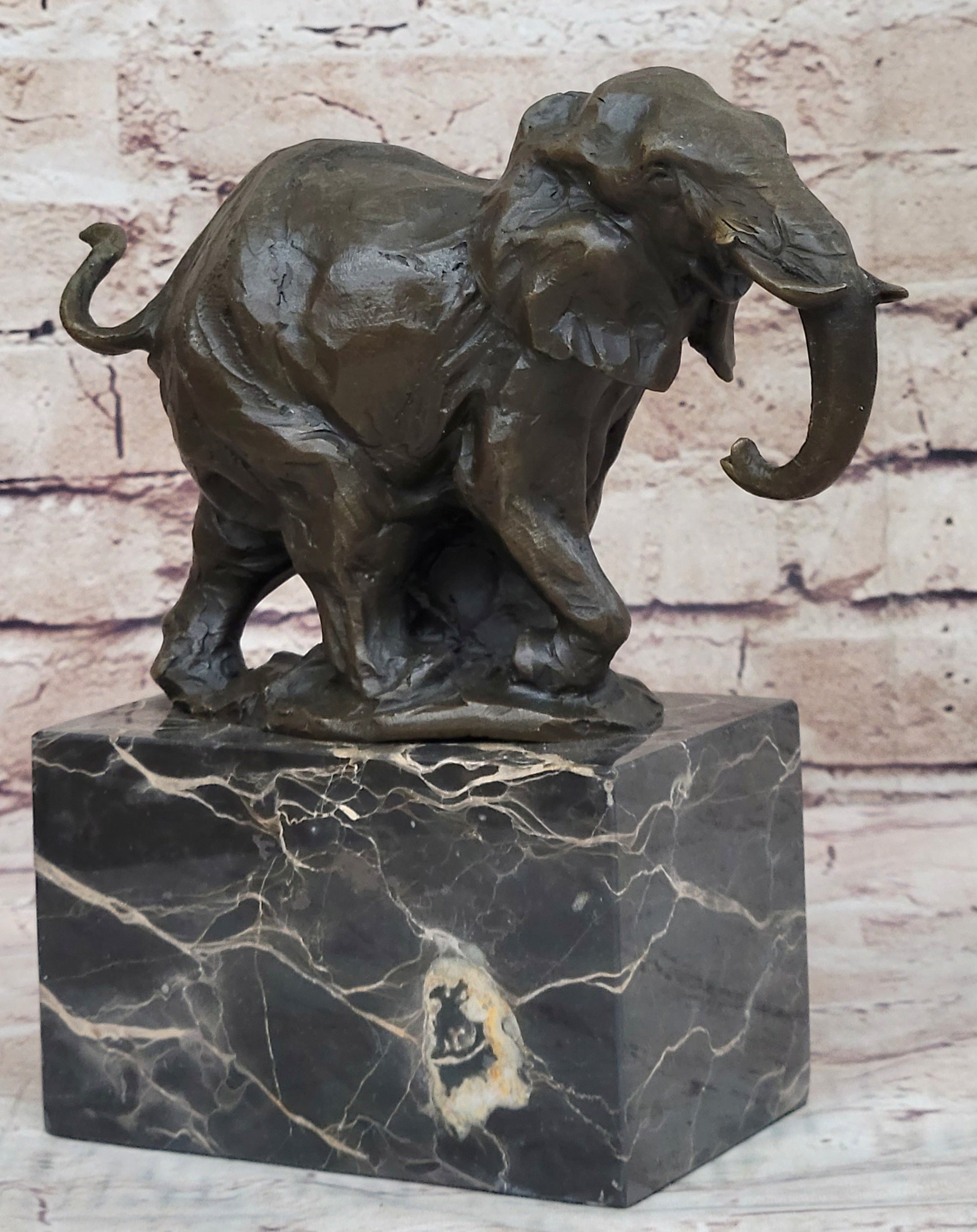 Miniature Elephant Bronze Metal Figurine Sculpture on Marble Base Signed Original