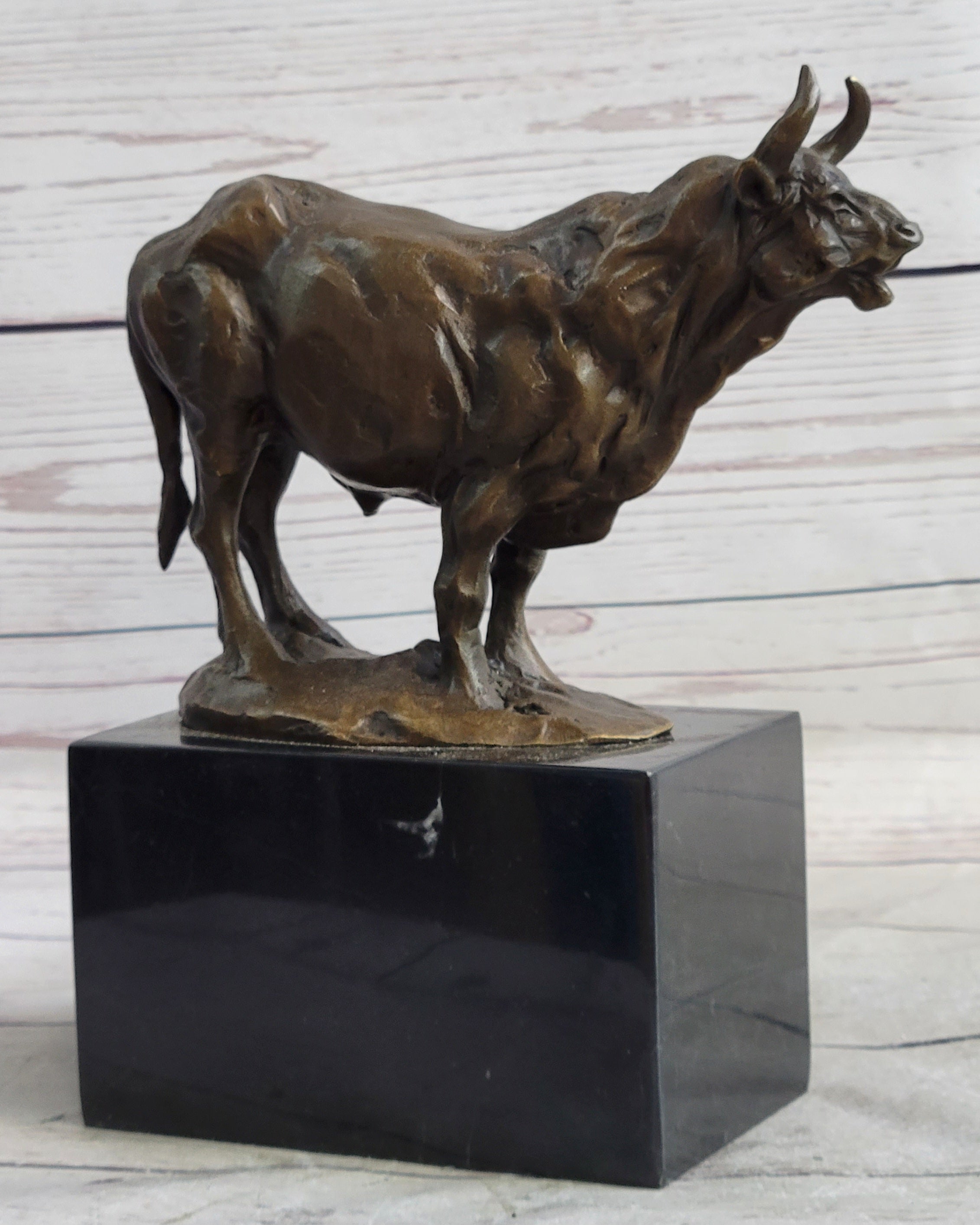 Hot Cast Bronze Metal Bull Cattle Cow Sculpture Statue Figure on Marble Base