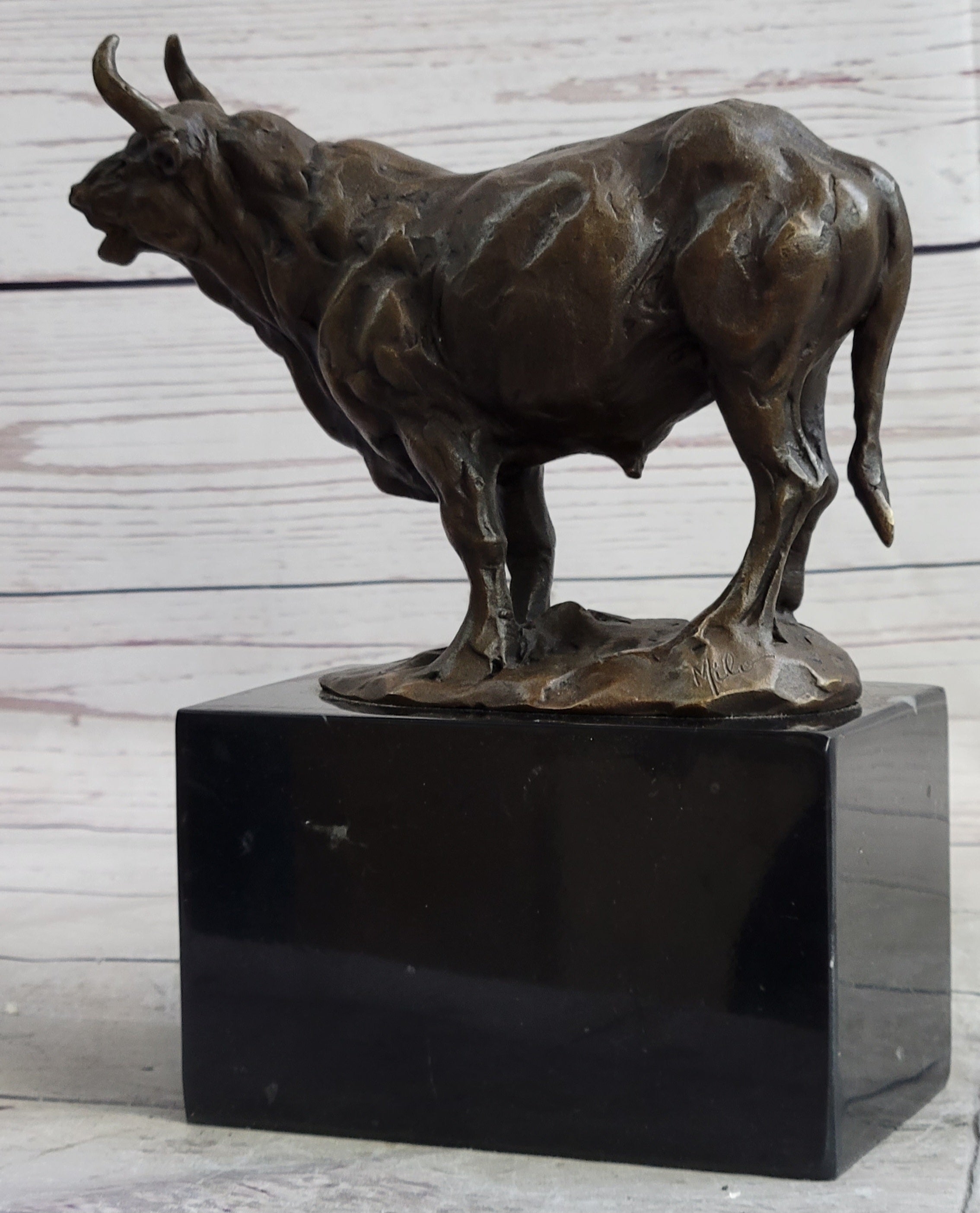 Hot Cast Bronze Metal Bull Cattle Cow Sculpture Statue Figure on Marble Base