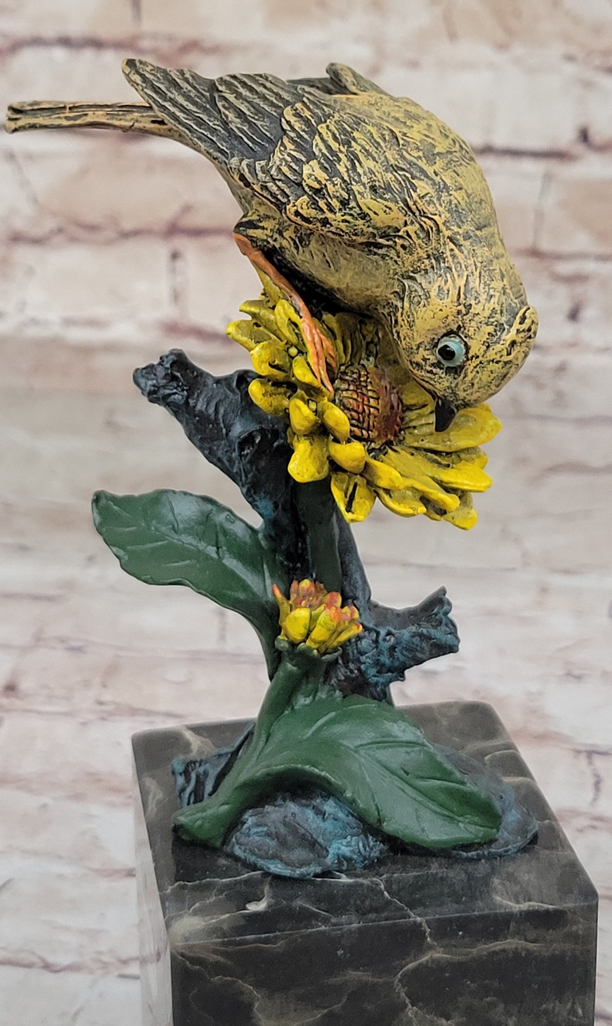 Hot Cast Bronze Sparrow Finch Yellow Bird on Marble Base - Original Art by Milo