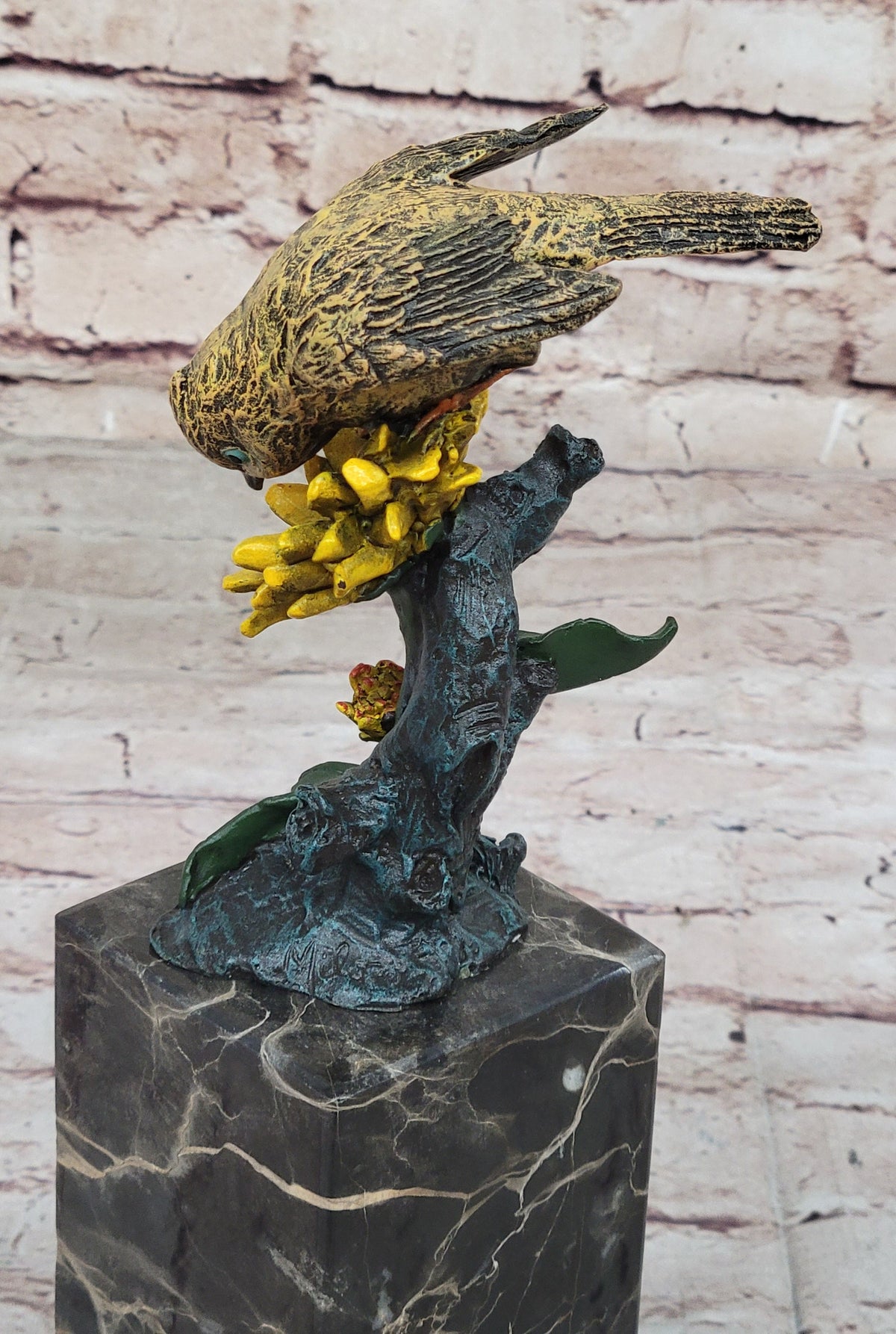Hot Cast Bronze Sparrow Finch Yellow Bird on Marble Base - Original Art by Milo