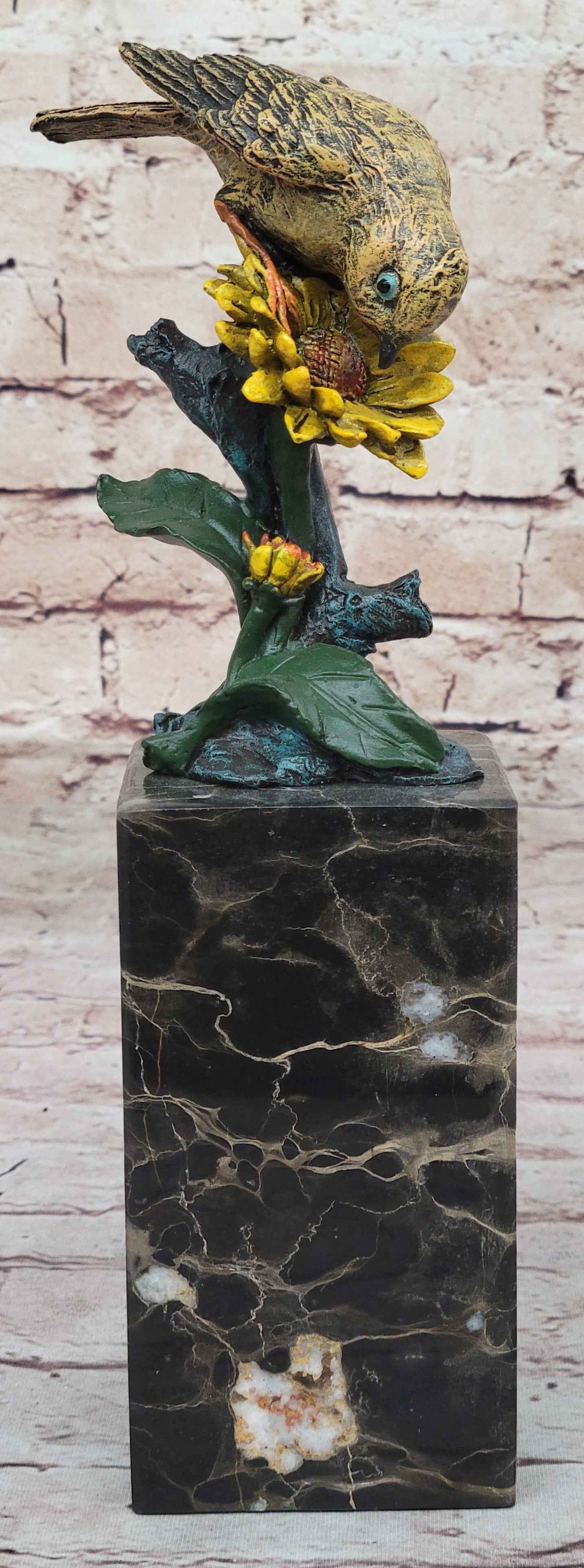Hot Cast Bronze Sparrow Finch Yellow Bird on Marble Base - Original Art by Milo