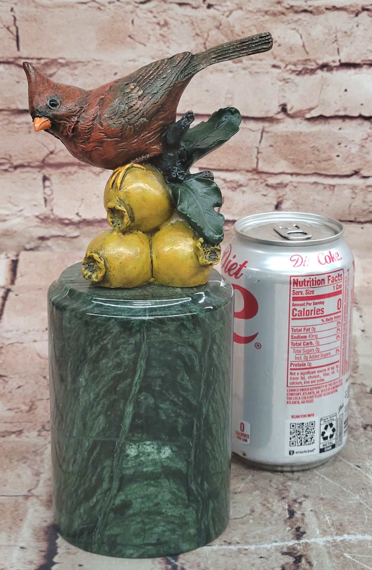 Hand Painted Bronze Cardinal Bird on Fruit with Green Marble Pedestal