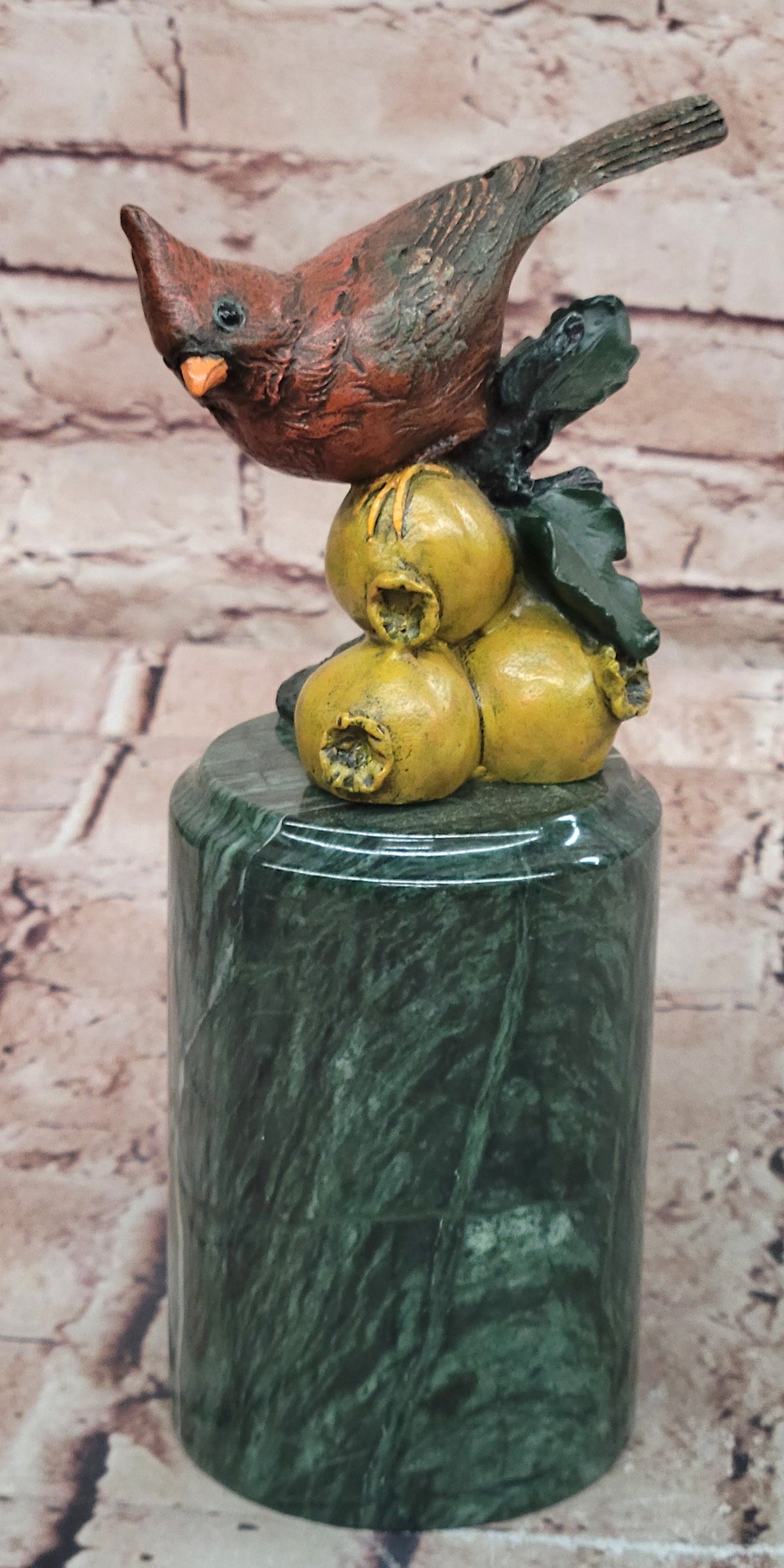 Hand Painted Bronze Cardinal Bird on Fruit with Green Marble Pedestal