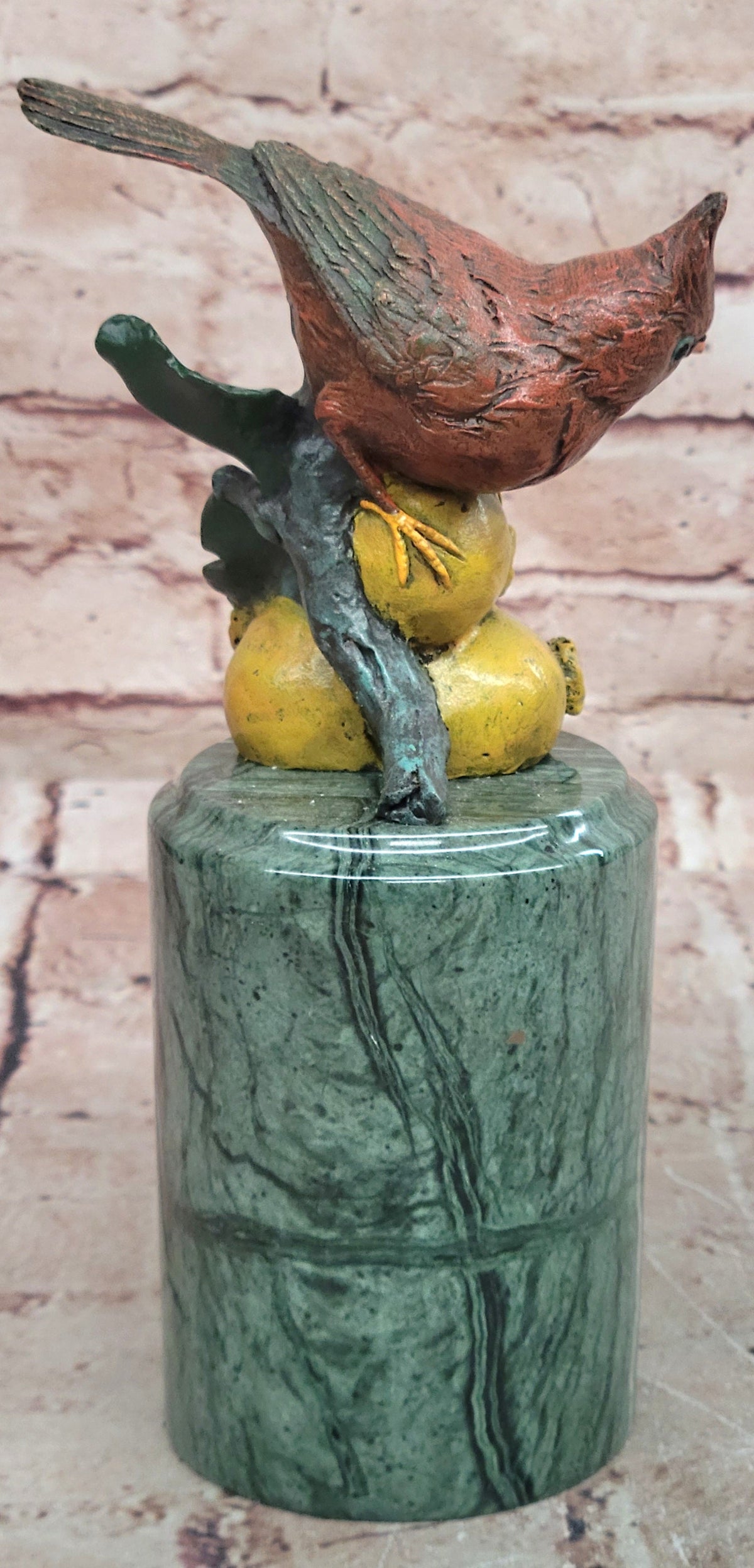 Hand Painted Bronze Cardinal Bird on Fruit with Green Marble Pedestal