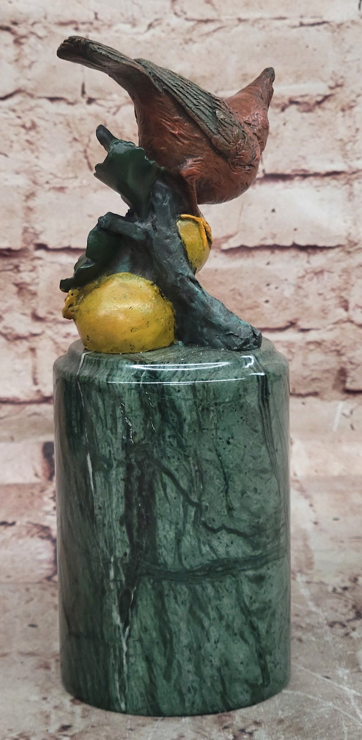 Hand Painted Bronze Cardinal Bird on Fruit with Green Marble Pedestal