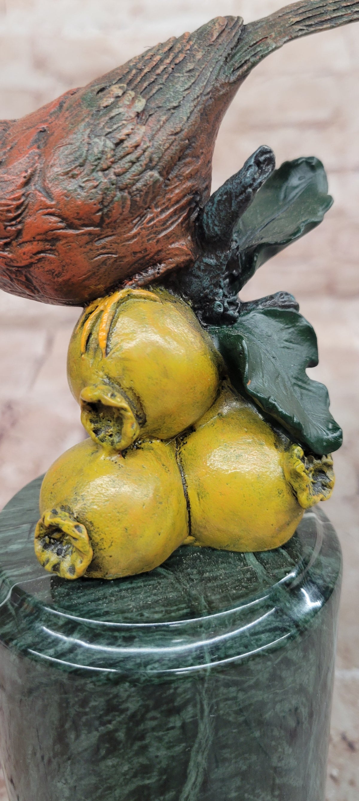 Hand Painted Bronze Cardinal Bird on Fruit with Green Marble Pedestal