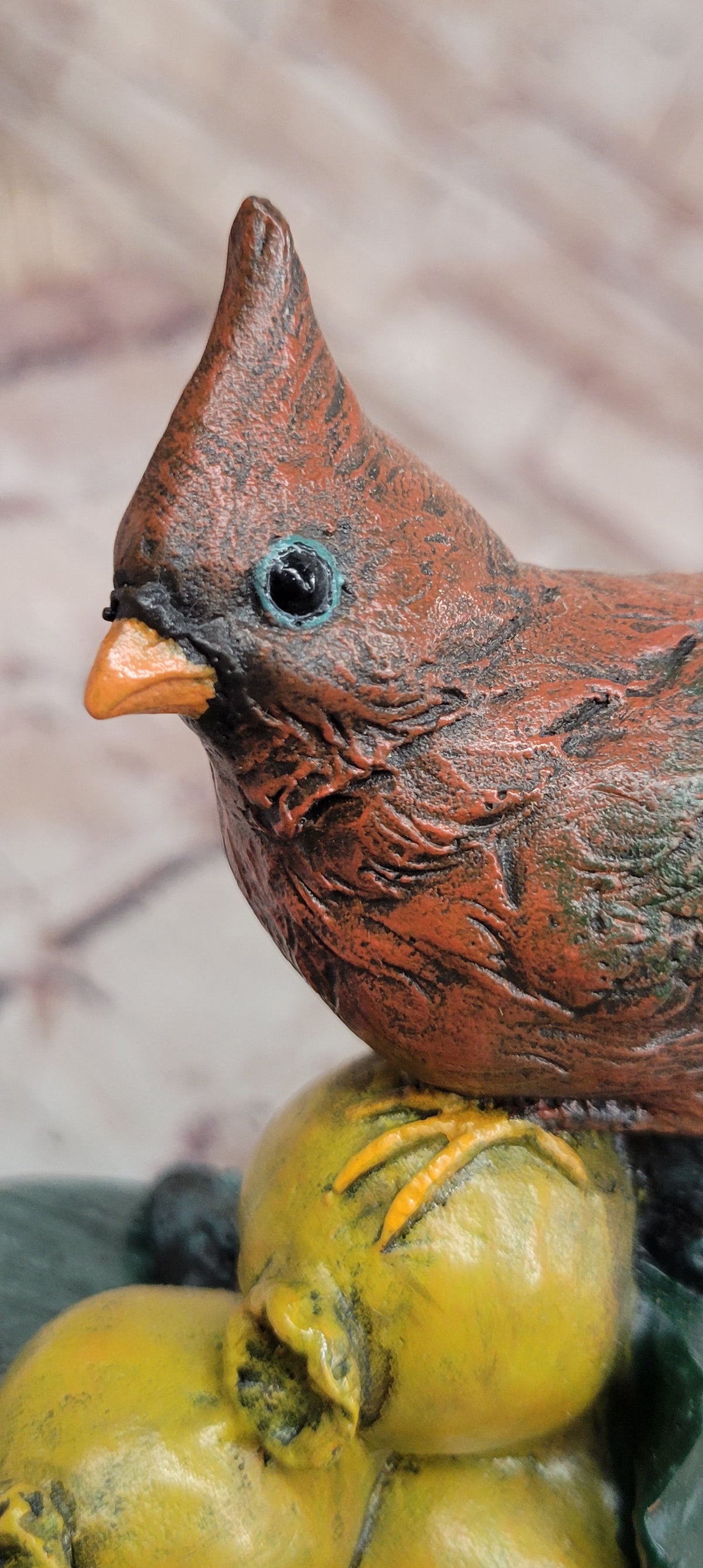 Hand Painted Bronze Cardinal Bird on Fruit with Green Marble Pedestal