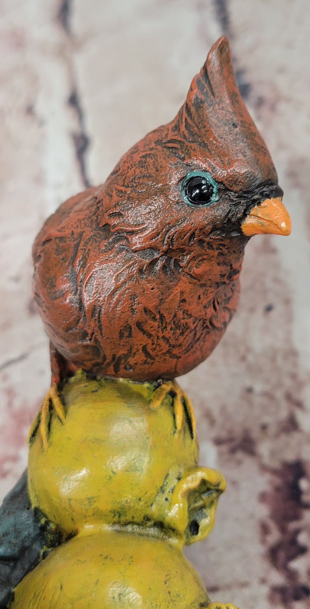 Hand Painted Bronze Cardinal Bird on Fruit with Green Marble Pedestal