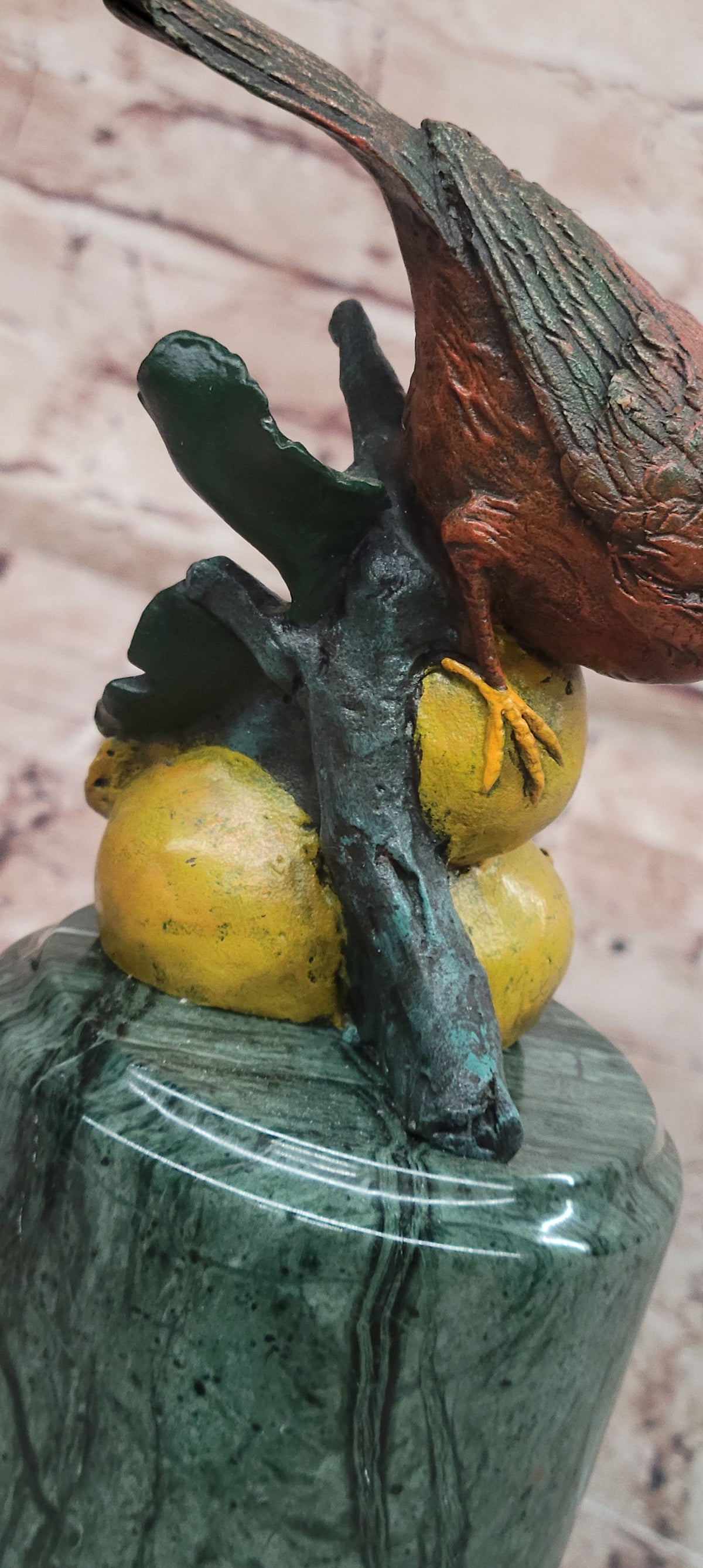 Hand Painted Bronze Cardinal Bird on Fruit with Green Marble Pedestal