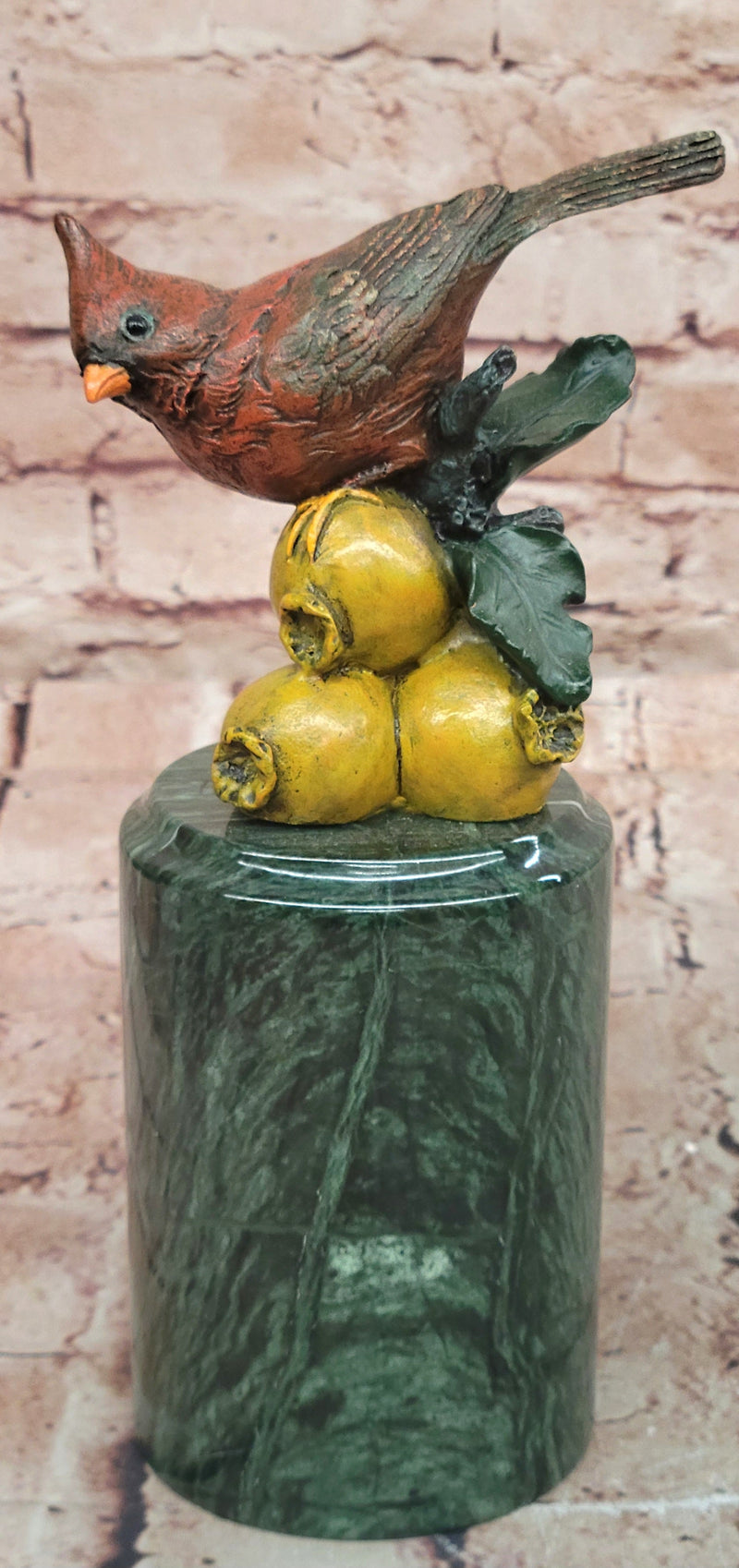 Hand Painted Bronze Cardinal Bird on Fruit with Green Marble Pedestal