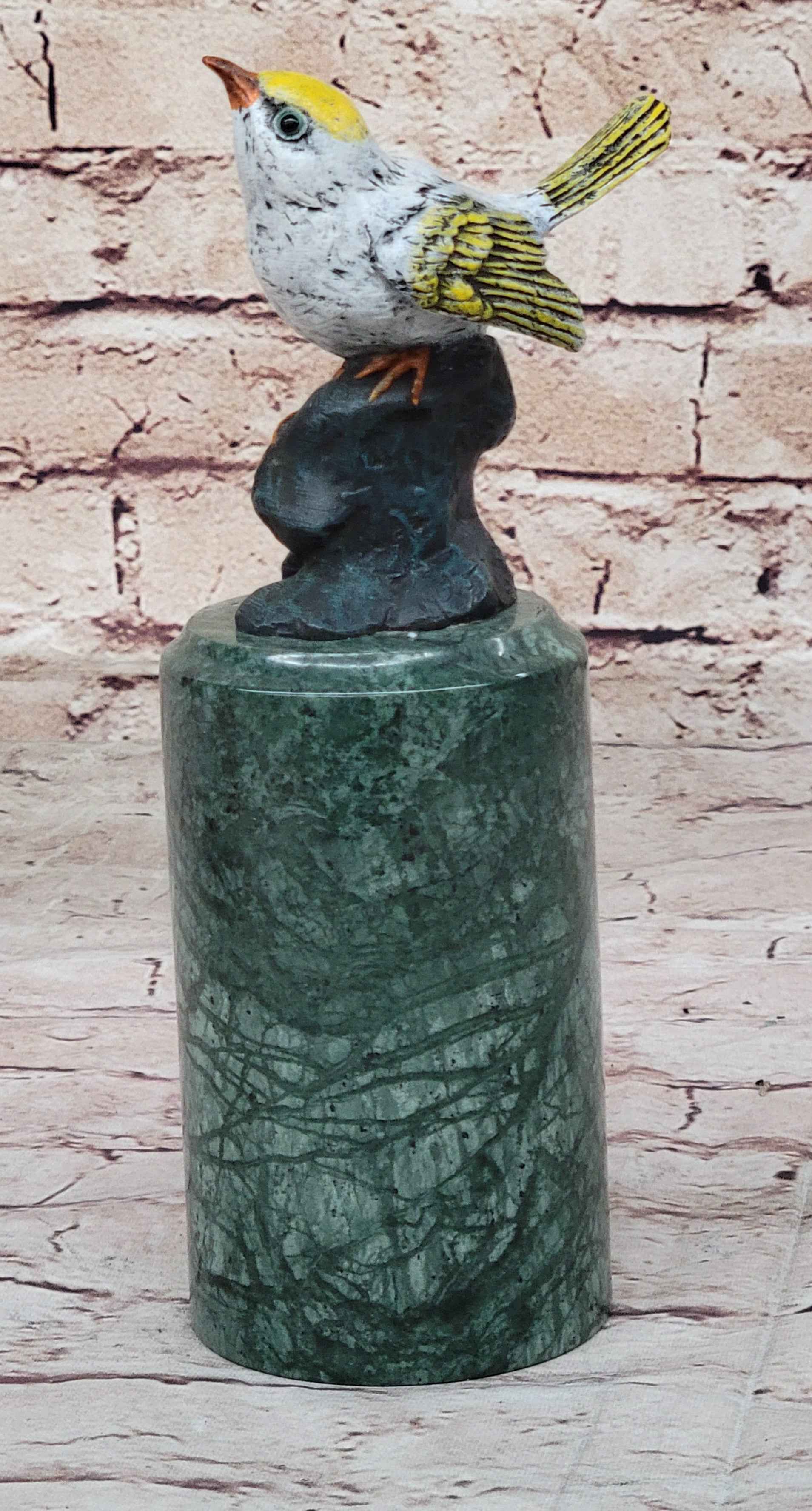 Bronze Metal Songbird Finch Bird on Green Marble Base Original Art by Milo