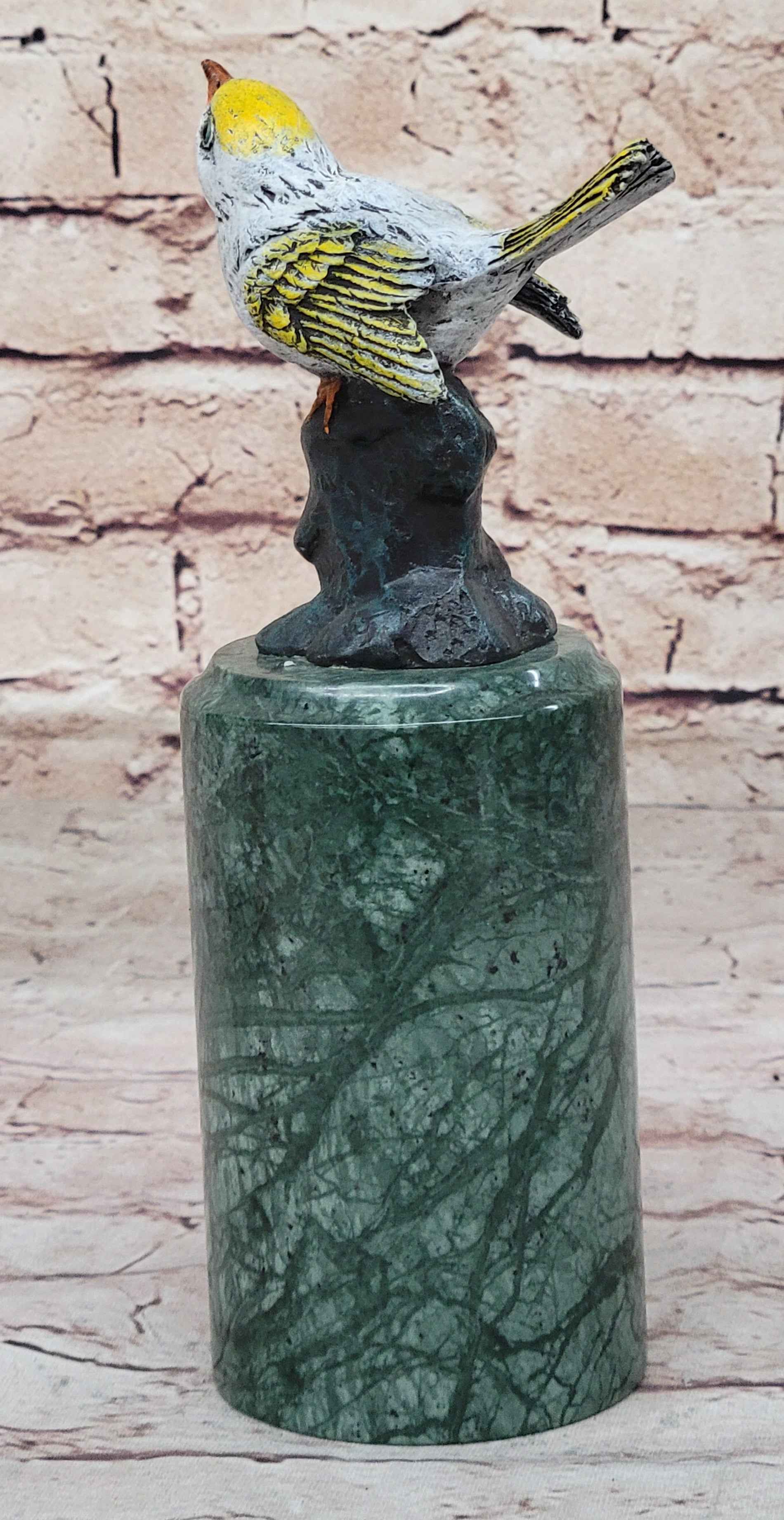 Bronze Metal Songbird Finch Bird on Green Marble Base Original Art by Milo
