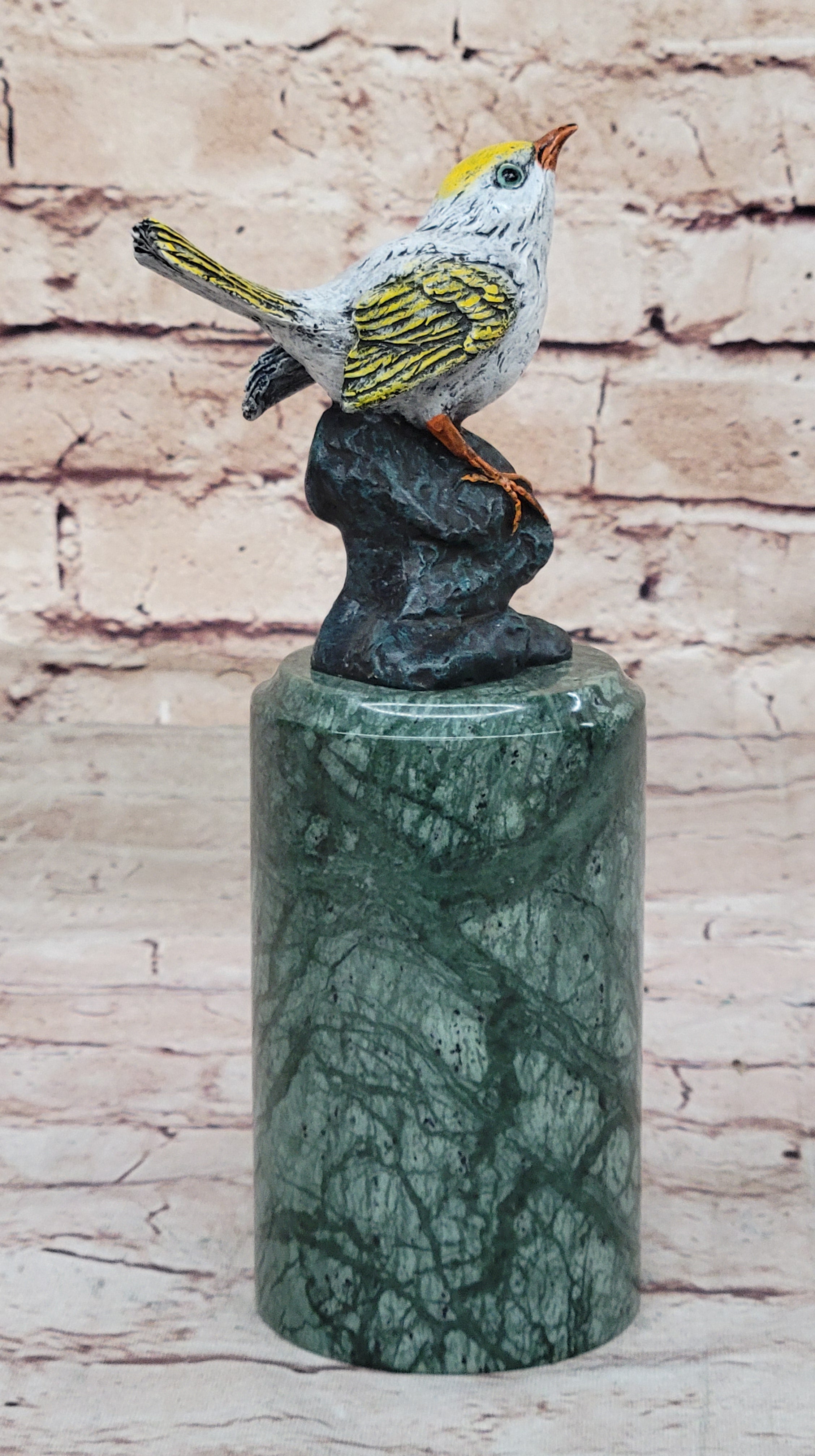 Bronze Metal Songbird Finch Bird on Green Marble Base Original Art by Milo