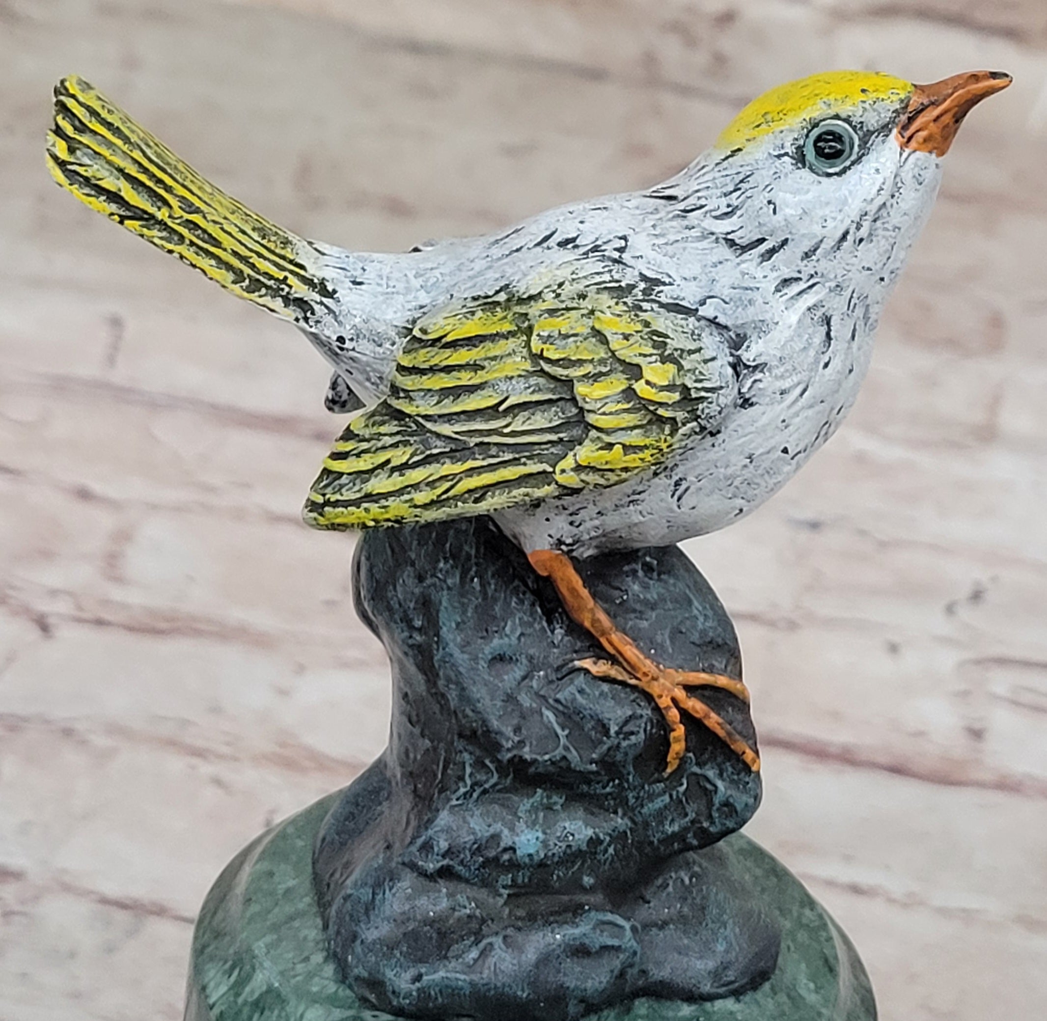 Bronze Metal Songbird Finch Bird on Green Marble Base Original Art by Milo