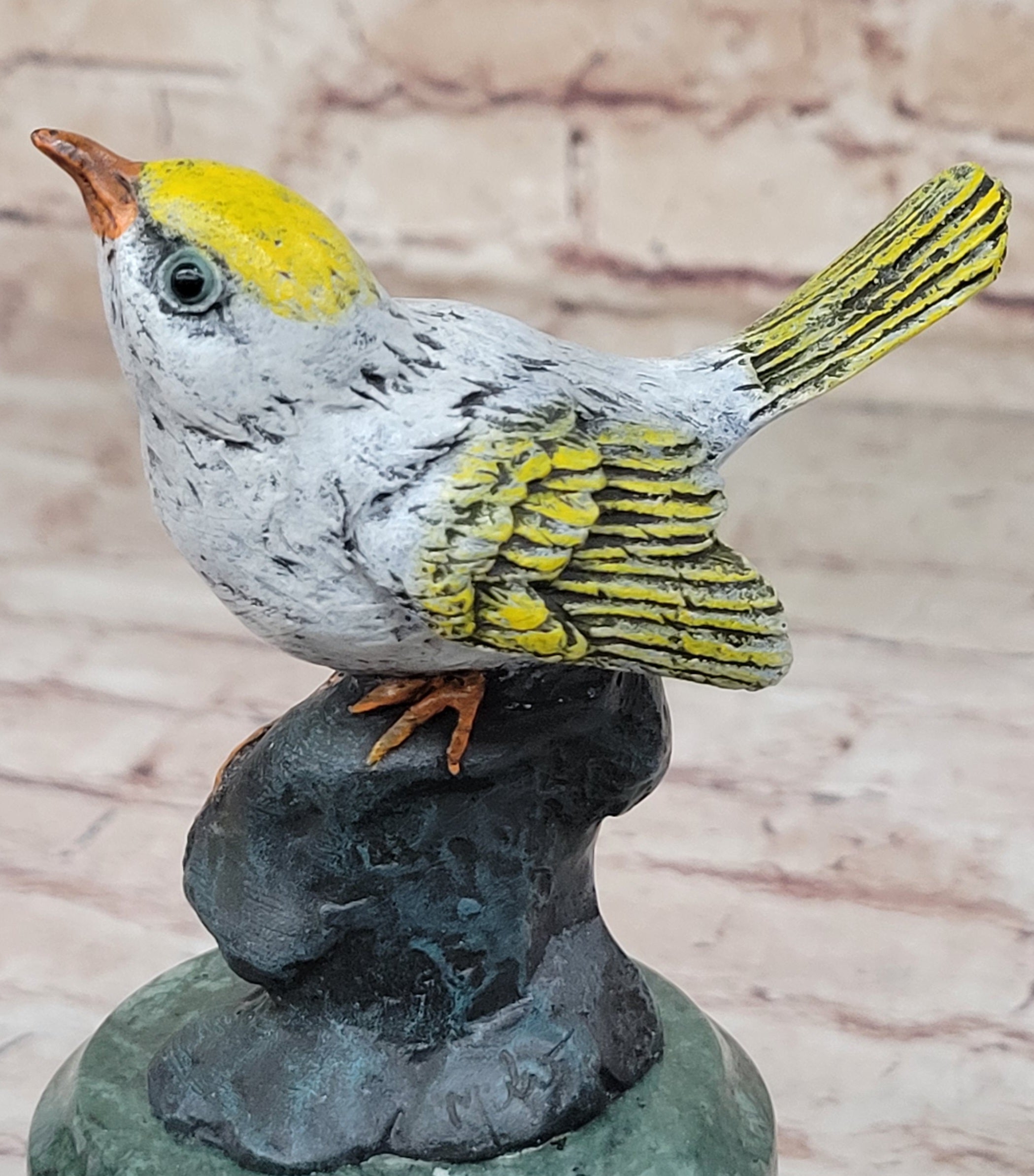 Bronze Metal Songbird Finch Bird on Green Marble Base Original Art by Milo