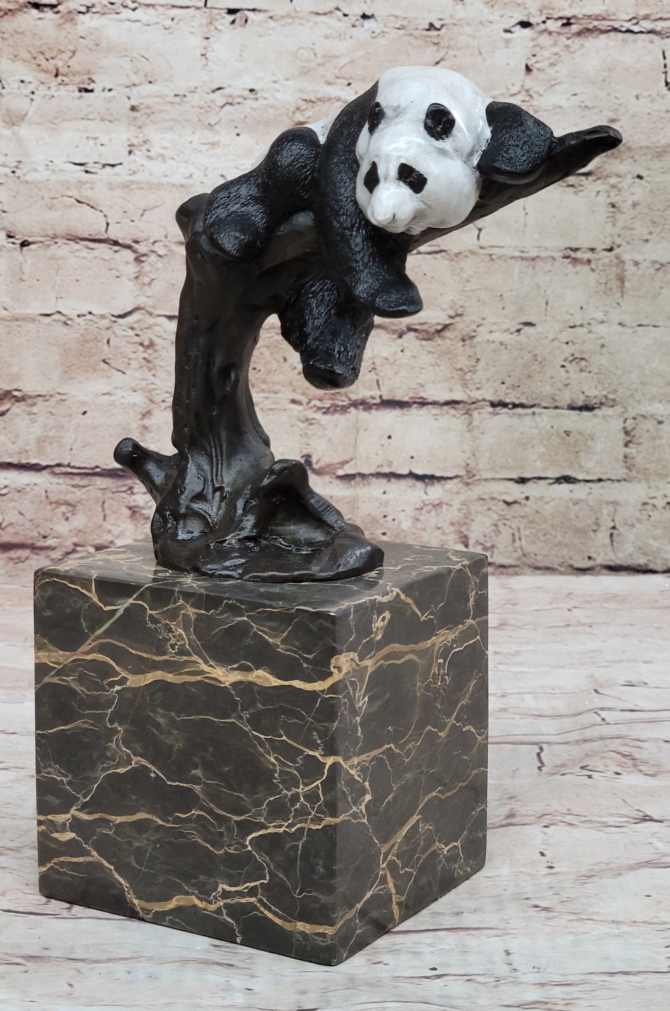 Bronze Panda Bear Sculpture on Marble Base; Unique Wildlife Art Décor by Milo