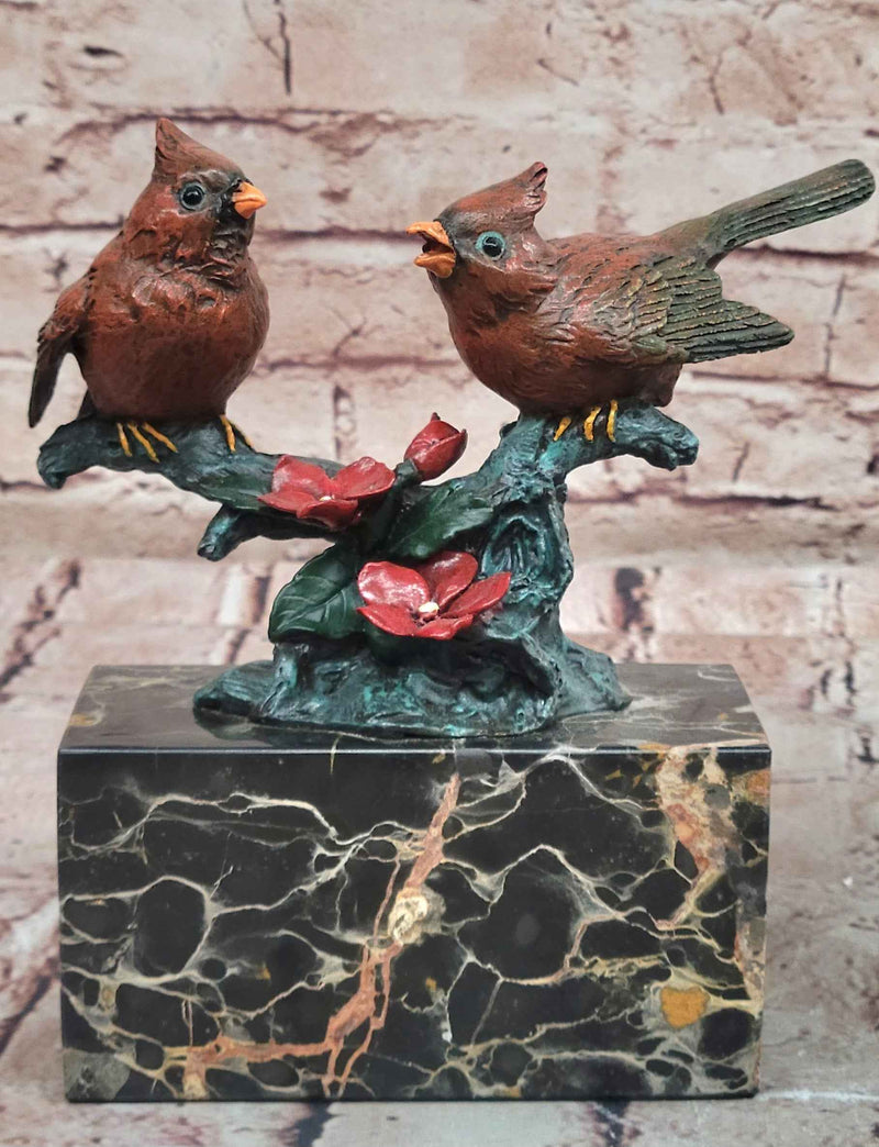 Pair of Cardinal Birds on Branch with Flowers Bronze Sculpture on Marble Base