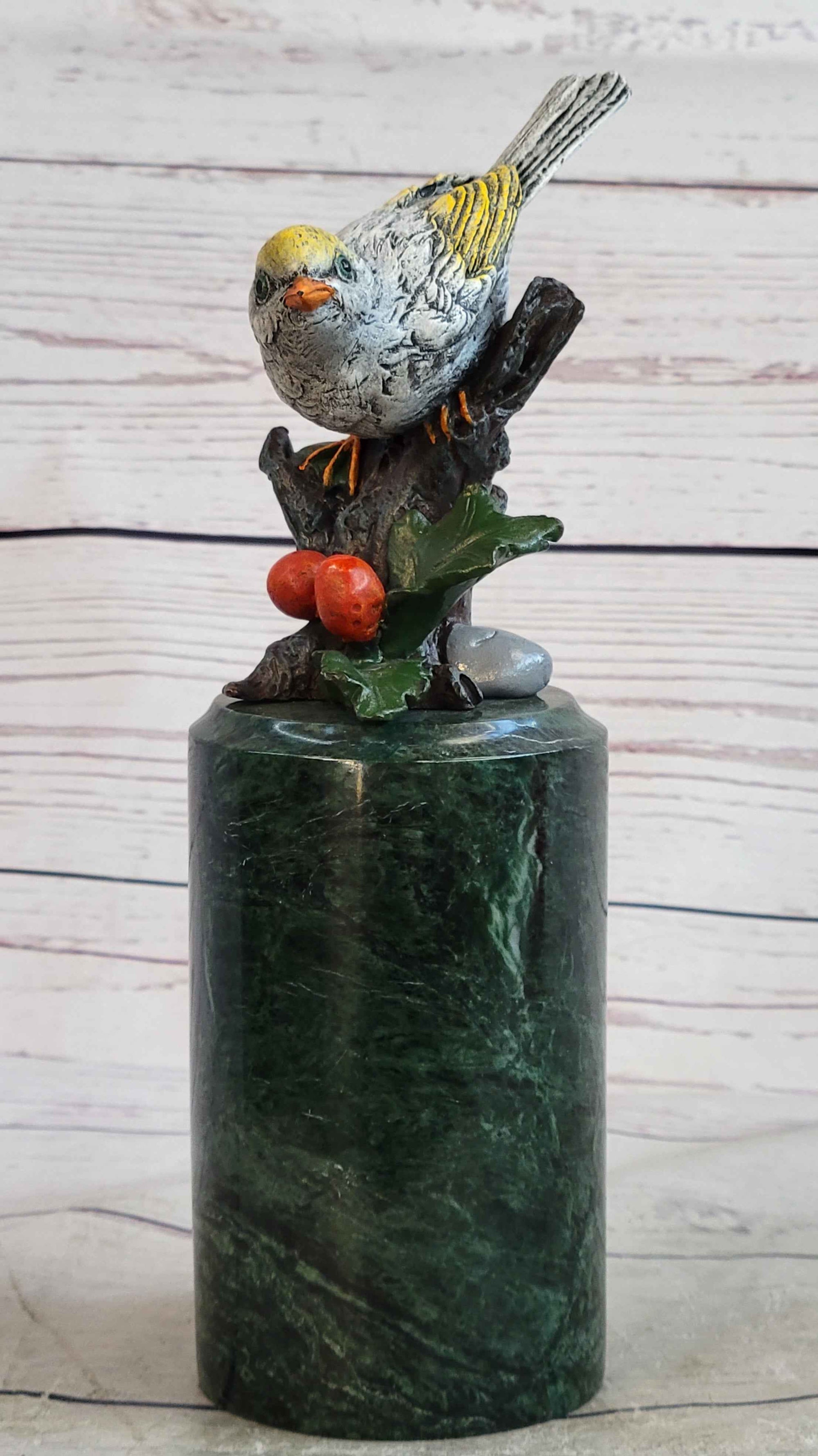 Colorful Finch Goldfinch Song Bird Bronze Metal Sculpture Statue Figure on Marble Base