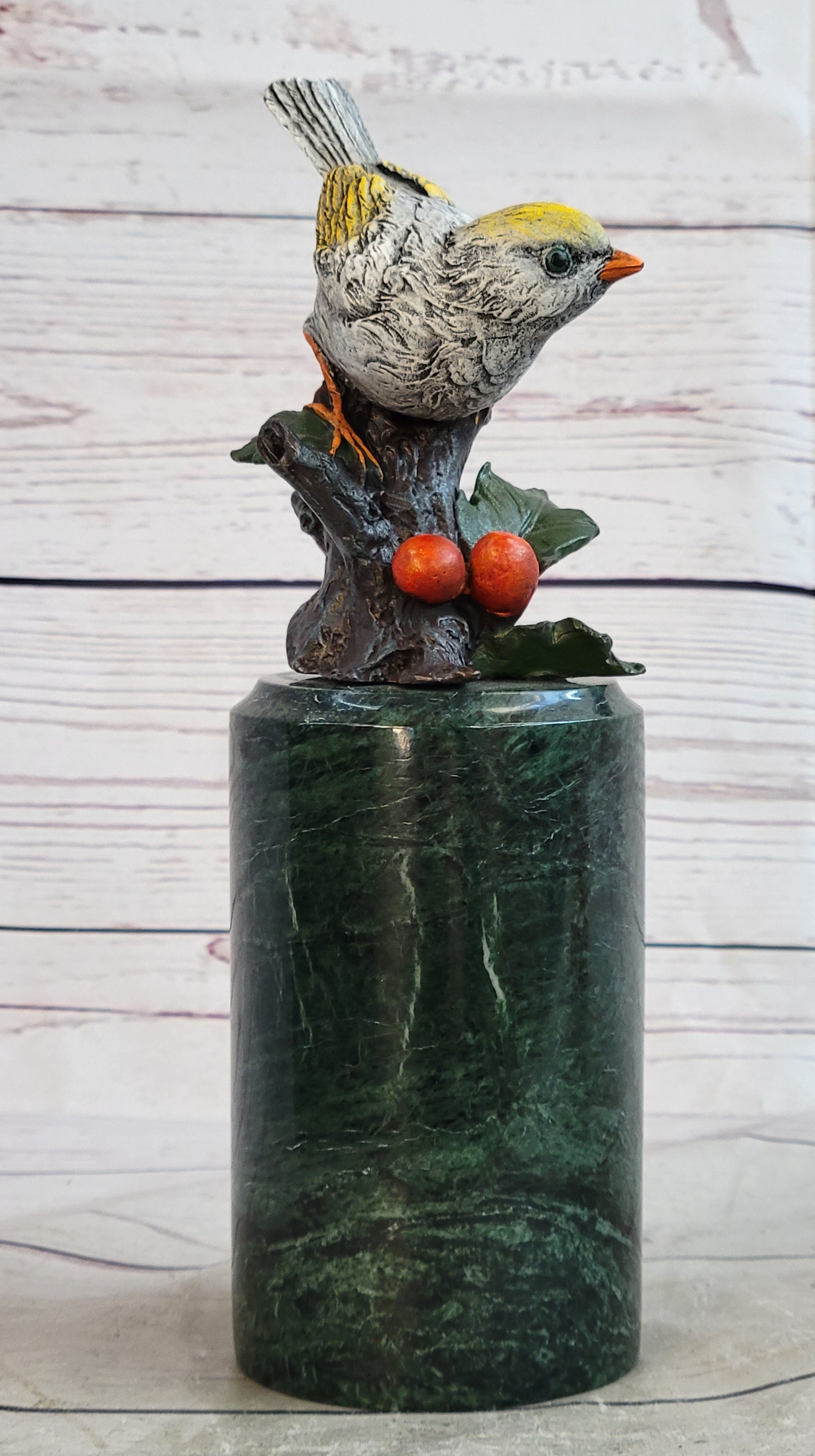 Colorful Finch Goldfinch Song Bird Bronze Metal Sculpture Statue Figure on Marble Base