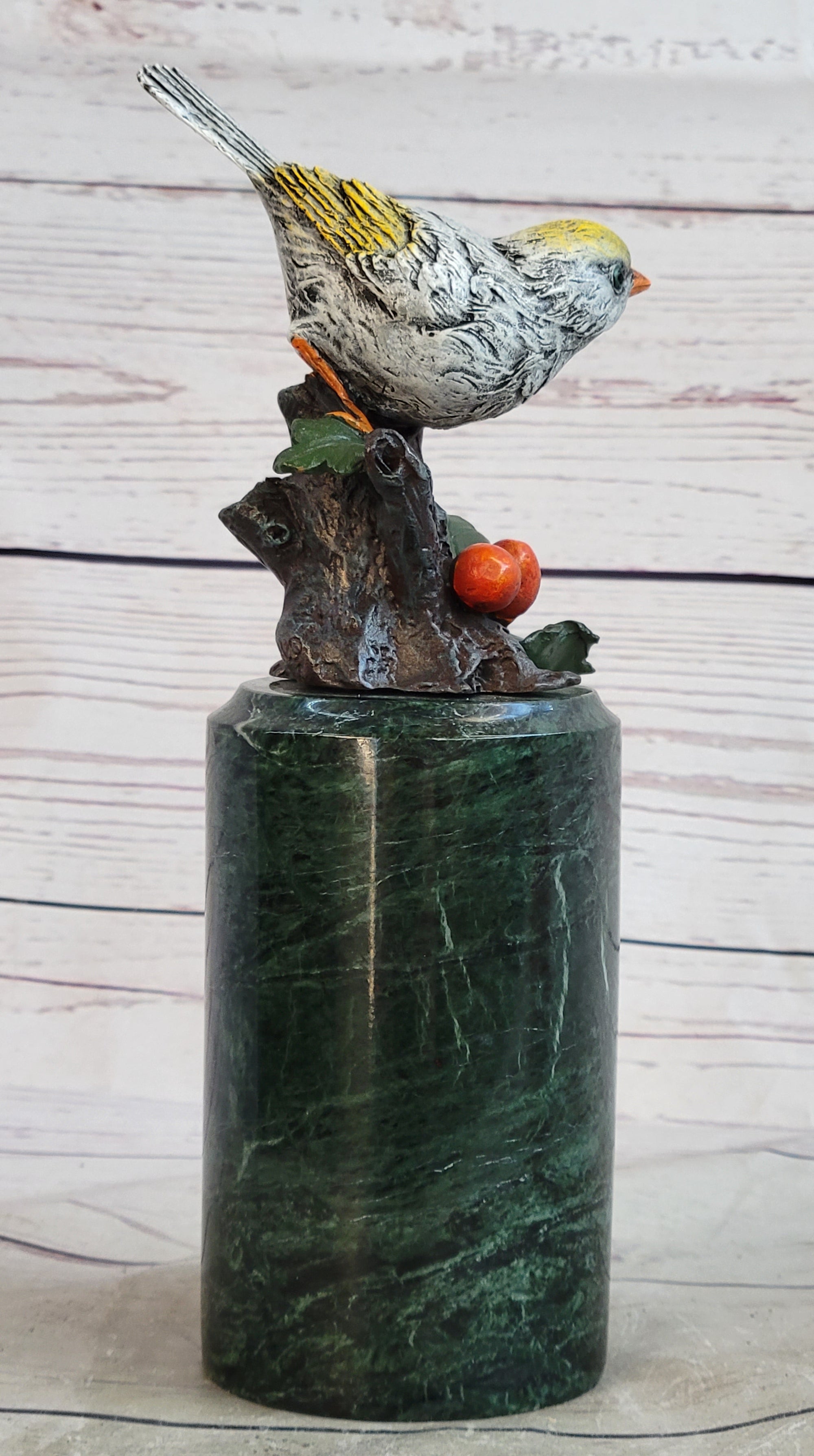 Colorful Finch Goldfinch Song Bird Bronze Metal Sculpture Statue Figure on Marble Base