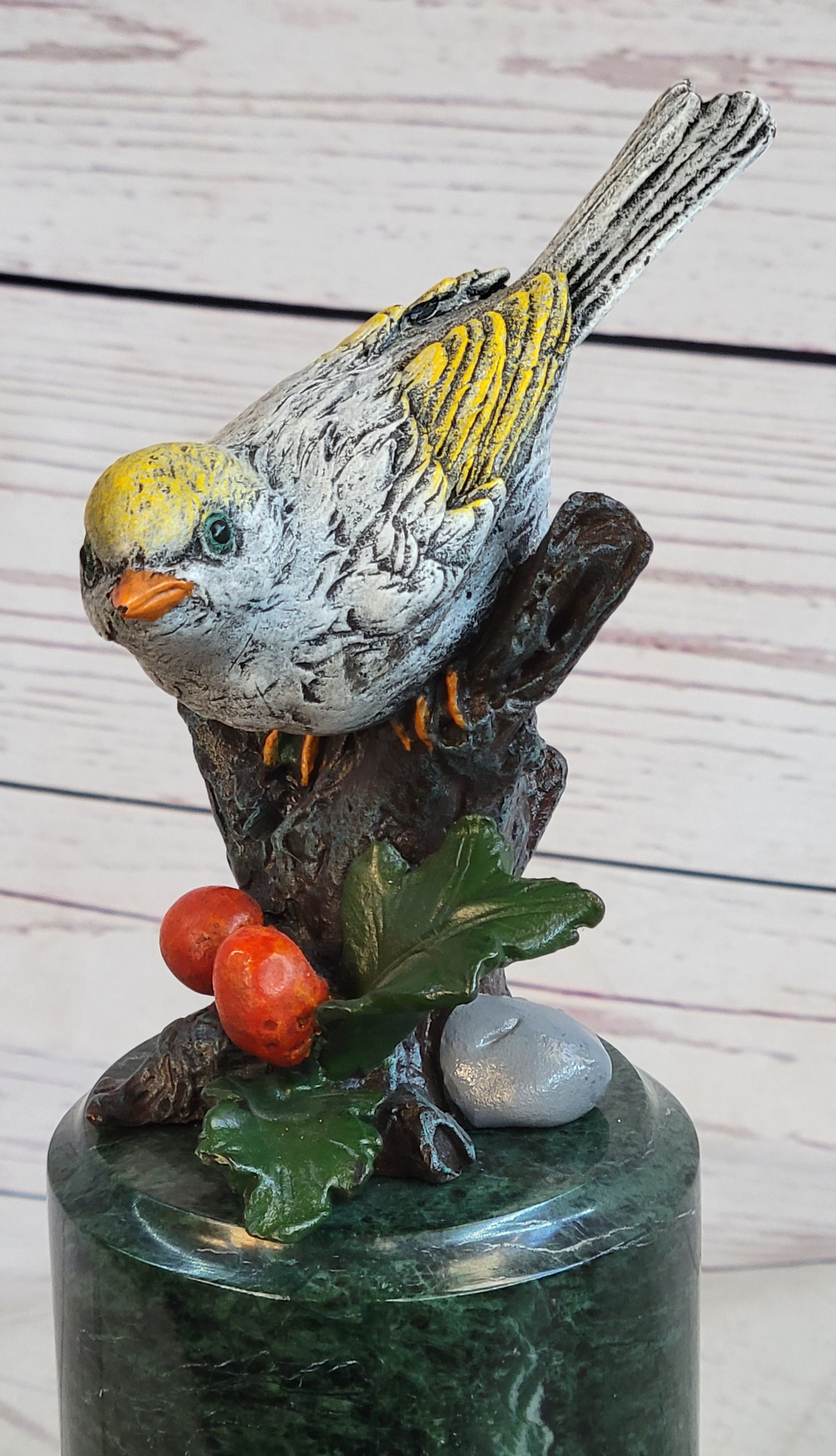 Colorful Finch Goldfinch Song Bird Bronze Metal Sculpture Statue Figure on Marble Base