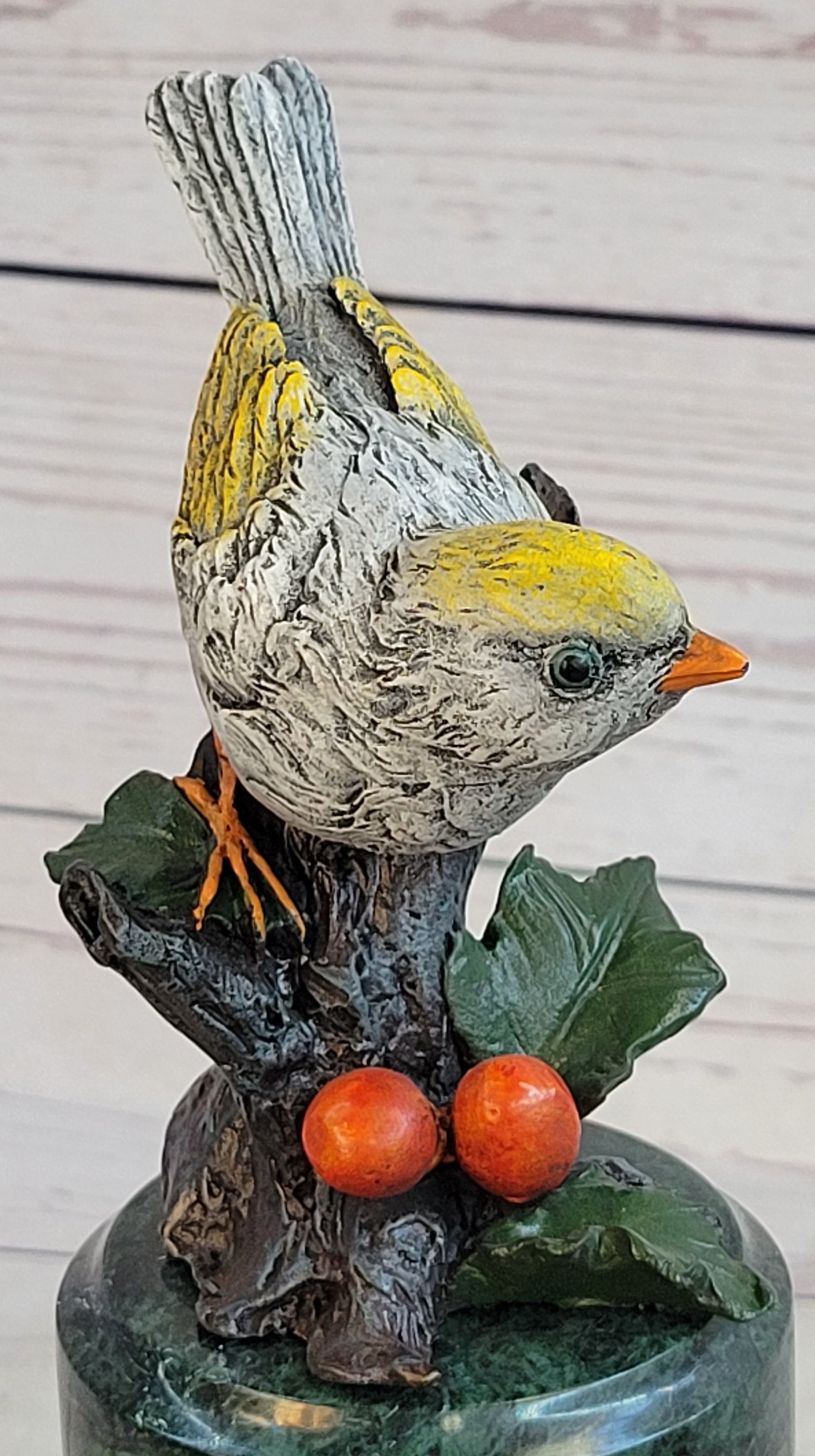 Colorful Finch Goldfinch Song Bird Bronze Metal Sculpture Statue Figure on Marble Base
