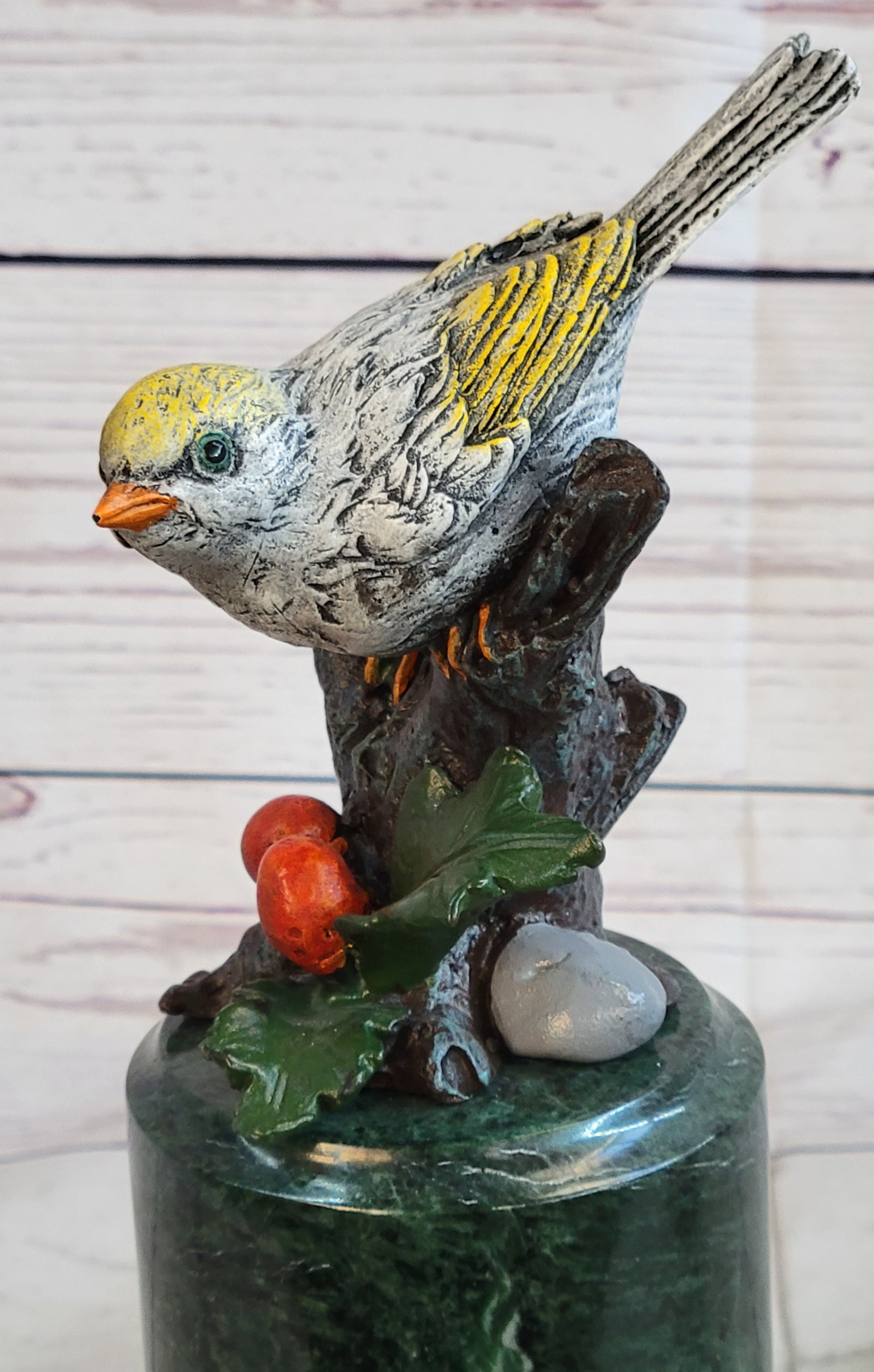 Colorful Finch Goldfinch Song Bird Bronze Metal Sculpture Statue Figure on Marble Base