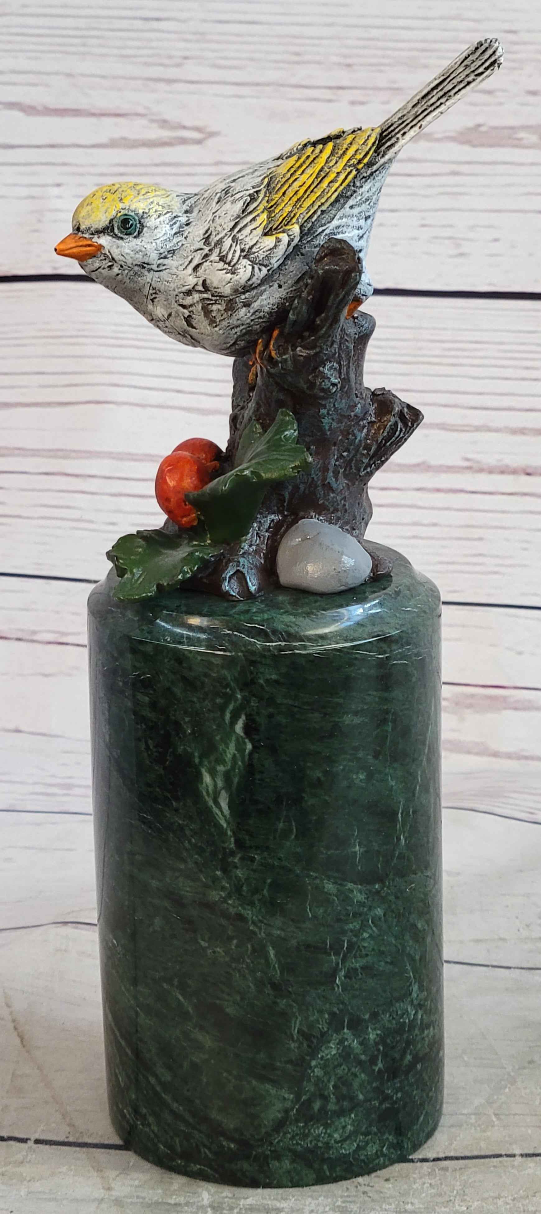 Colorful Finch Goldfinch Song Bird Bronze Metal Sculpture Statue Figure on Marble Base