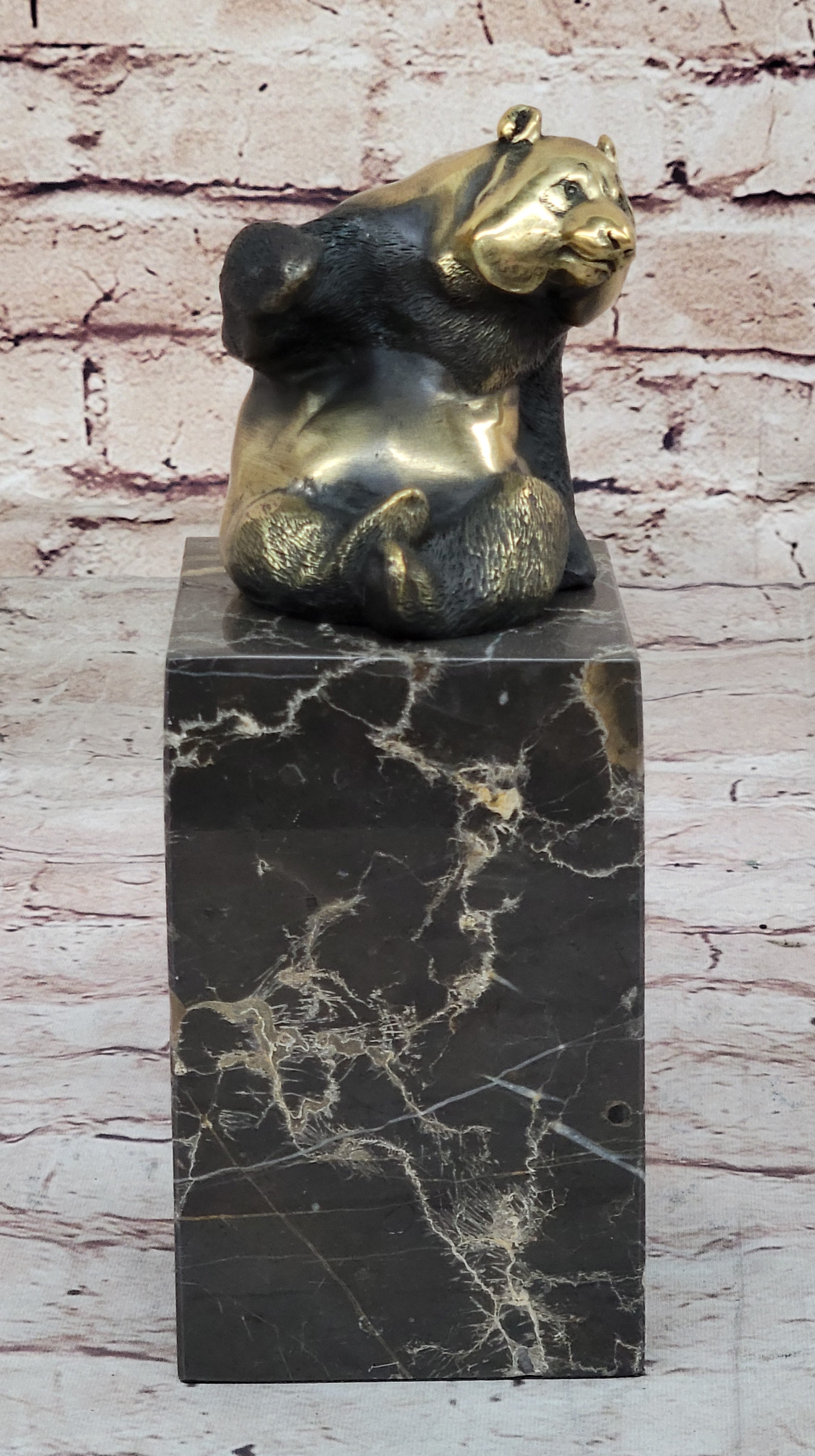 Real Bronze Panda Bear Bronze Figurine Sculpture on Marble Base by Milo