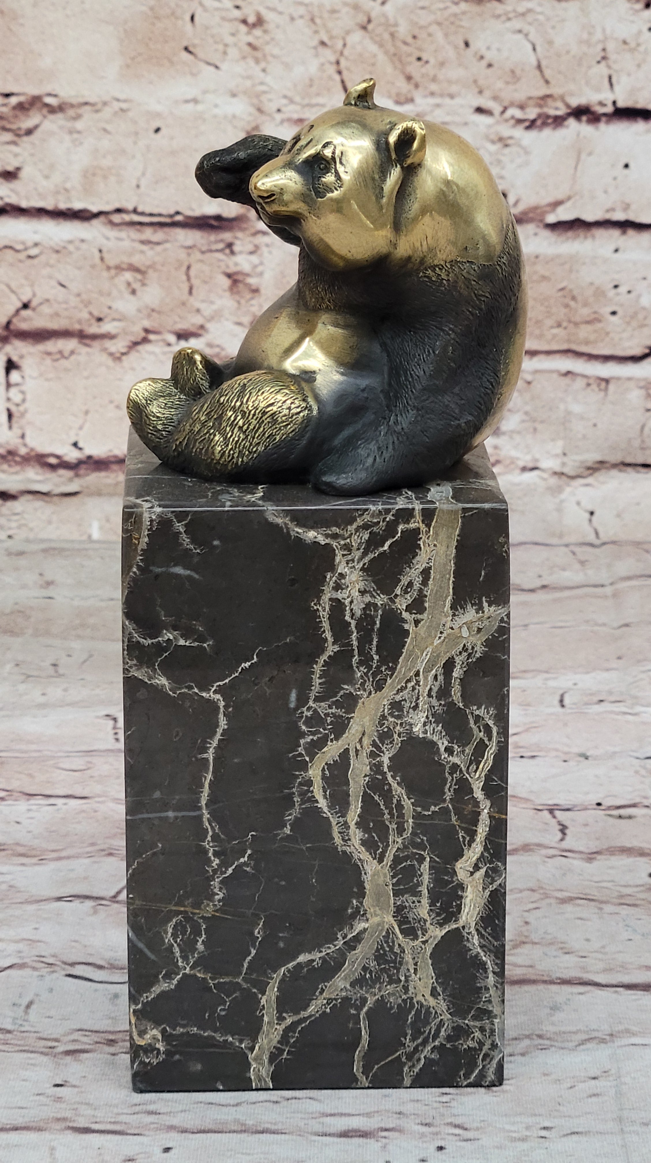 Real Bronze Panda Bear Bronze Figurine Sculpture on Marble Base by Milo