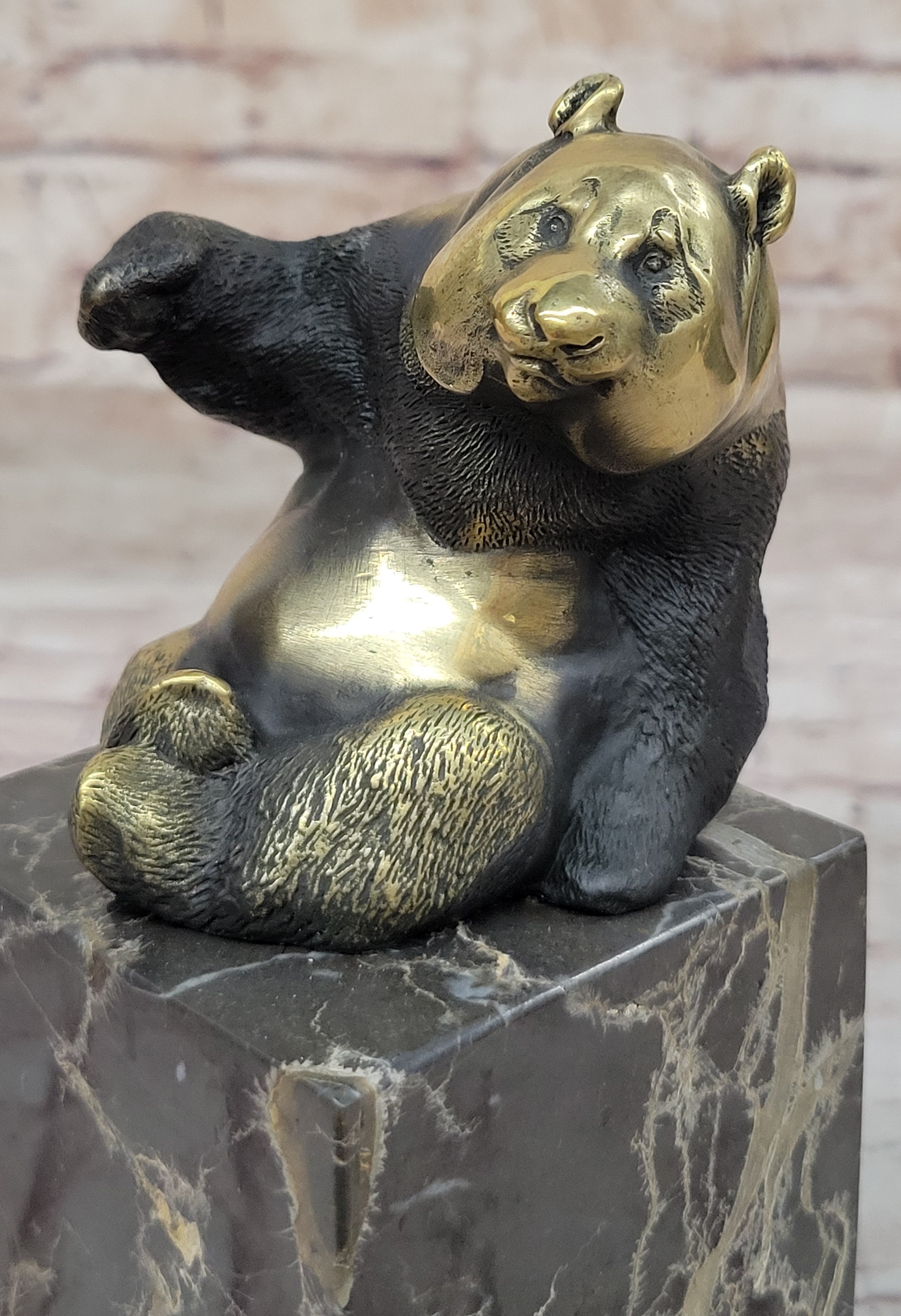 Real Bronze Panda Bear Bronze Figurine Sculpture on Marble Base by Milo